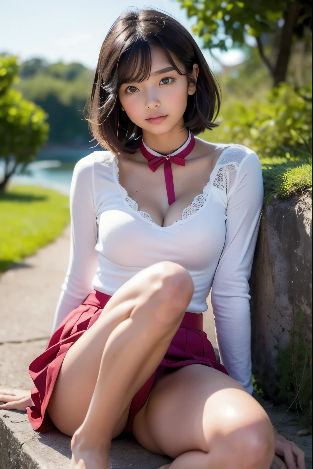 ((high details,high detail、masterpiece,attention to detail))),Arab and Japanese half, realistic young gravure idol, surreal high school girl,young sensual gravure idol, Innocent,flushed face,Natural light,short hair,(Stylish sailor suit,pink collar,red ribbon,pink mini skirt),outstanding style,medium chest with tension,sitting on the bank of a beautiful stream,white panties with legs open,from below,
