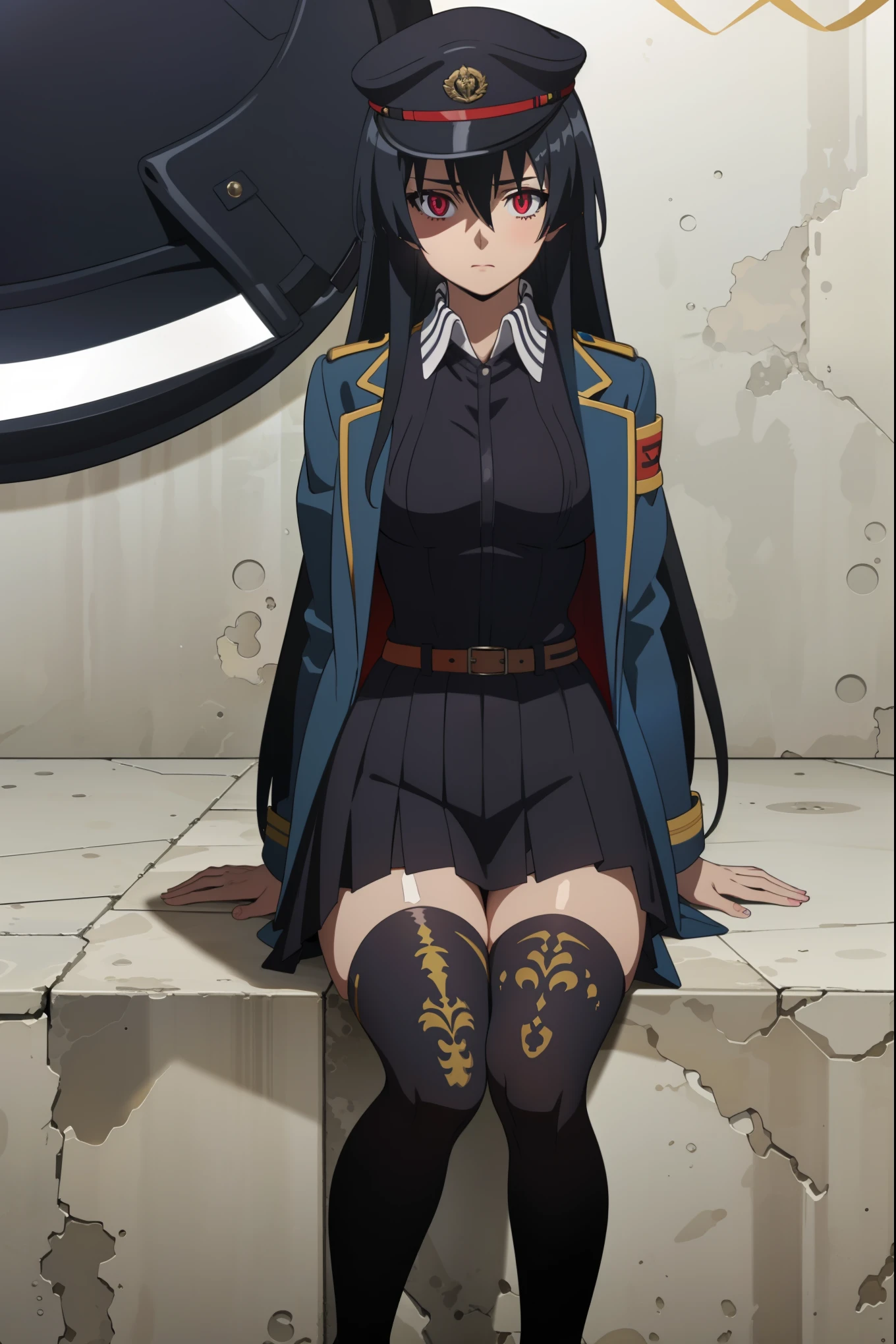 score_8_up, score_7_up, source_anime, Akame, 1girl, solo, black hair, long hair, (glowing red eyes:1.2),
BREAK (blue headwear, blue jacket, blue skirt, hat, jacket, military, military hat, military uniform, peaked cap, shirt, skirt, thighhighs:1.2),
BREAK sitting,
BREAK (masterpiece:1.2), best quality, high resolution, unity 8k wallpaper, (illustration:0.8), (beautiful detailed eyes:1.6), extremely detailed face, perfect lighting, extremely detailed CG, (perfect hands, perfect anatomy),perfect face,