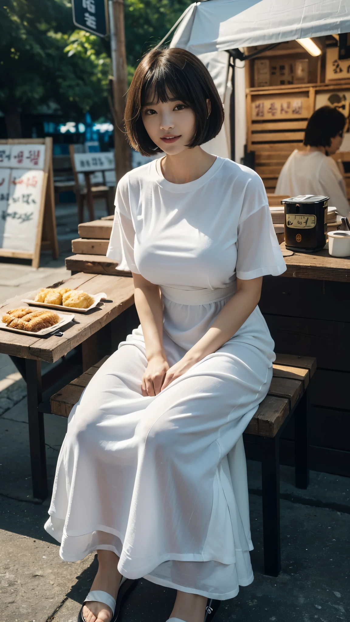 ((best quality, 8 thousand, masterpiece:1.3)), Concentrate upon: 1.2, bee waist, perfect body beauty:1.4, ((layered haircut:1.2)), Highly detailed face and skin texture, White skin, whole body, Looking at it, the gap is big., big bust, volume, laugh, beautiful teeth, bangs cut, (반팔 long dress t-shirt:1.3), Sagging breasts, big bust, dark night, (아무도 없는 dark night에 야외 포장마차에 테이블에 sit down:1.3), (Nakasu food stall:1.3), Outdoor food stalls, (sit down), (Sandal shoes), (alone:1.2), long dress t-shirt,