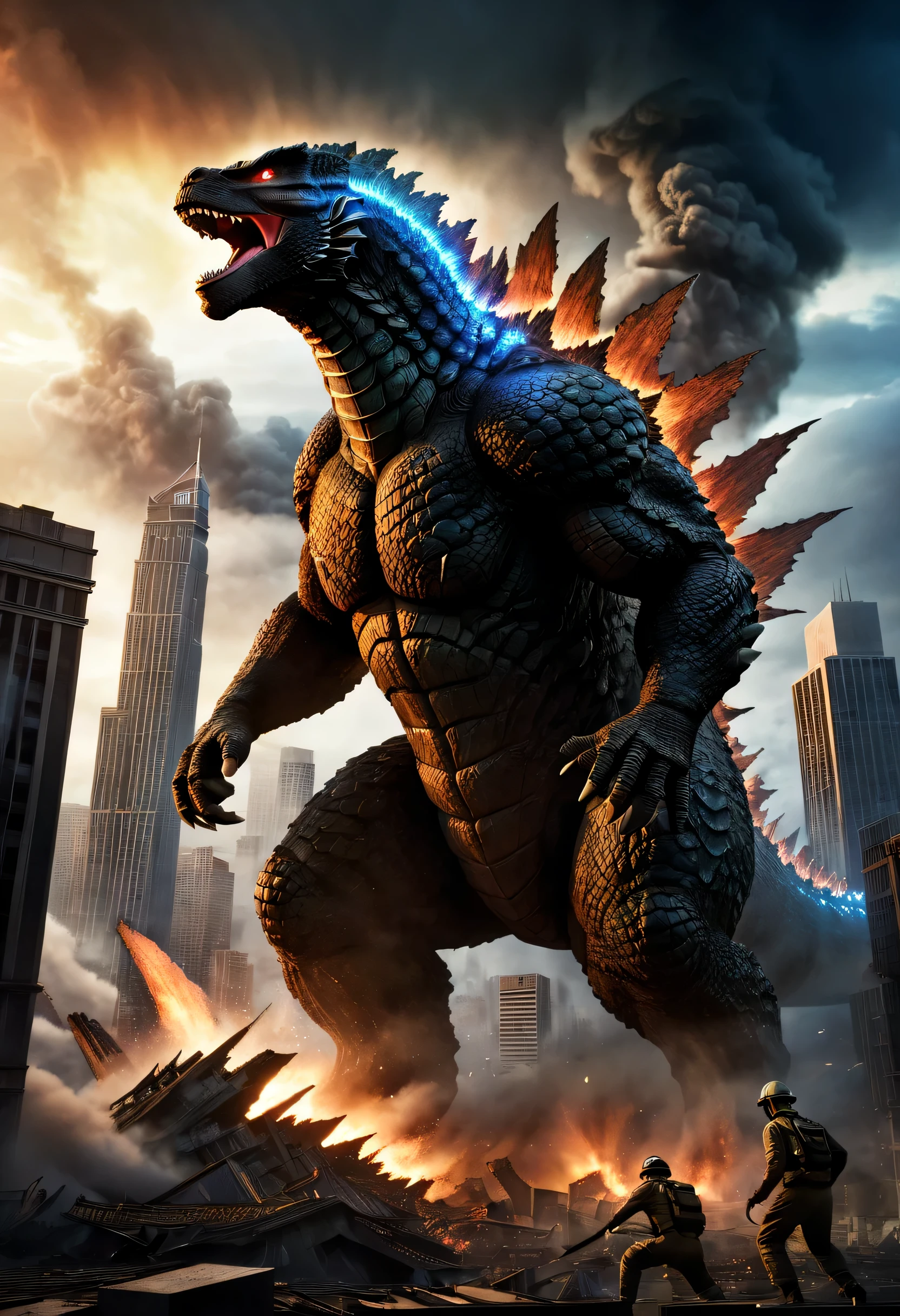 movie poster:Godzilla,Great Monster,dinosaur elements,Godzilla,Destroyed metropolis,collapsed skyscraper,roar,anger,Very powerful,dynamic,best composition,rich colors,dark fantasy,realism,Flying helicopter:Shining a light on Godzilla,Wind,dust,flash,very flash,intricate details,rendering,unreal engine,destruction and despair,Face the Despair！,dim background,beautiful light and shadow,moderate dirt,broken building,Plume,light,super cool poster