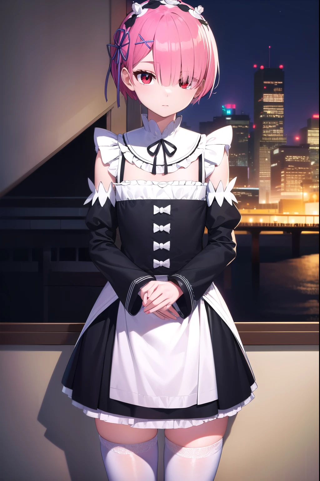 rezeroram, ram, hair flower, hair ornament, hair over one eye, pink hair, (red eyes:1.5), short hair, x hair ornament, bangs, blunt bangs, (flat chest:1.2),
BREAK apron, black bow, black dress, black ribbon, bow, detached sleeves, dress, frilled apron, frilled sleeves, frills, juliet sleeves, long sleeves, maid, neck ribbon, puffy sleeves, ribbon, roswaal mansion maid uniform, thighhighs, two-tone dress, waist apron, white bow, white dress, white thighhighs,
BREAK outdoors, city,
BREAK looking at viewer, (cowboy shot:1.5),
BREAK (masterpiece:1.2), best quality, high resolution, unity 8k wallpaper, (illustration:0.8), (beautiful detailed eyes:1.6), extremely detailed face, perfect lighting, extremely detailed CG, (perfect hands, perfect anatomy),