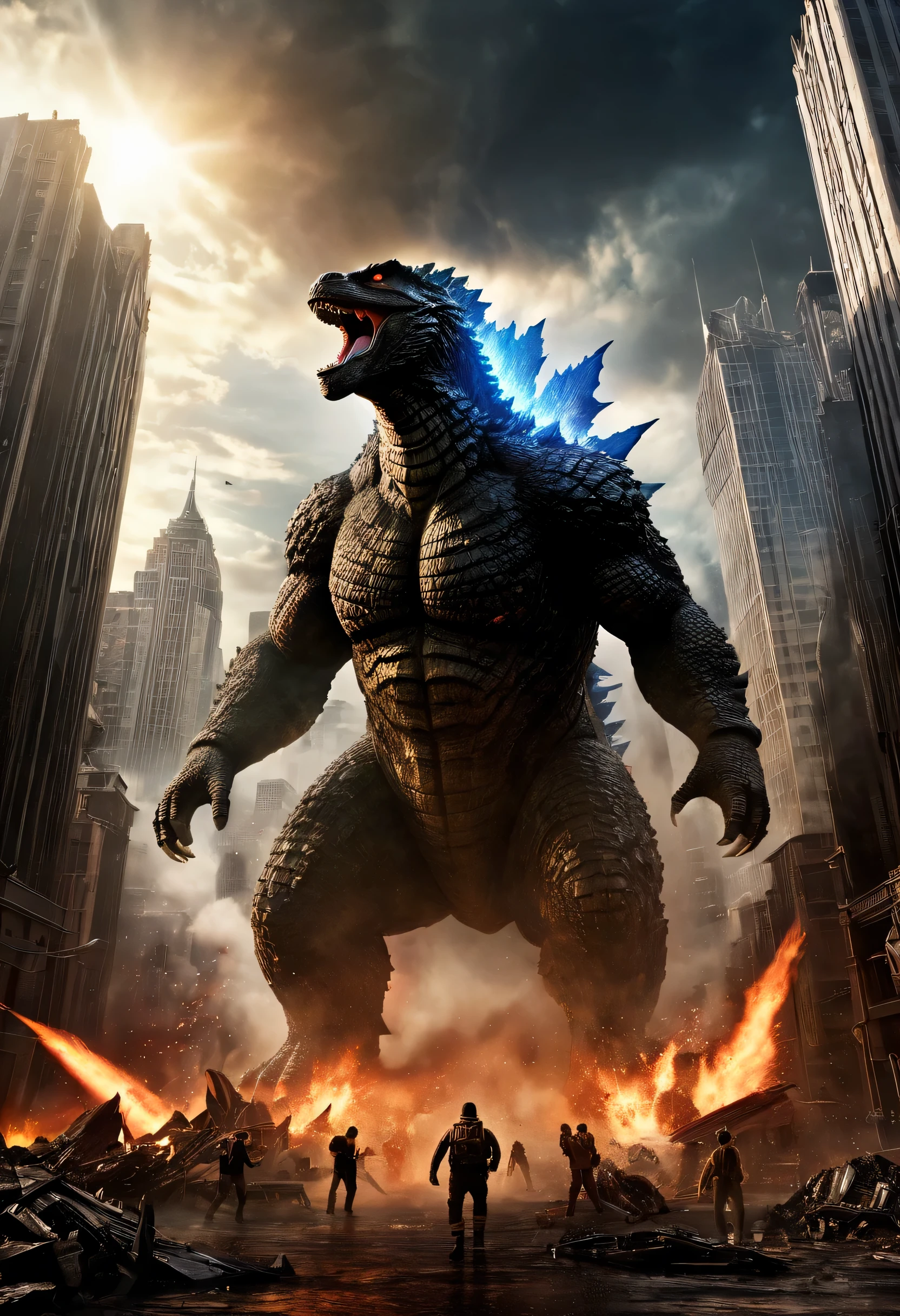 movie poster:Godzilla,Great Monster,dinosaur elements,Godzilla,Destroyed metropolis,collapsed skyscraper,roar,anger,Very powerful,dynamic,best composition,rich colors,dark fantasy,realism,Flying helicopter:Shining a light on Godzilla,Wind,dust,flash,very flash,intricate details,rendering,unreal engine,destruction and despair,Face the Despair!,dim background,beautiful light and shadow,moderate dirt,broken building,Plume,light,super cool poster