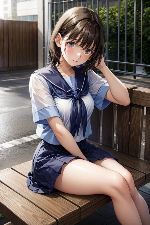 high school girl、short cut hair、short sleeve、Wet day、My clothes become transparent in the rain、physical education sitting、troubled face、very cute、