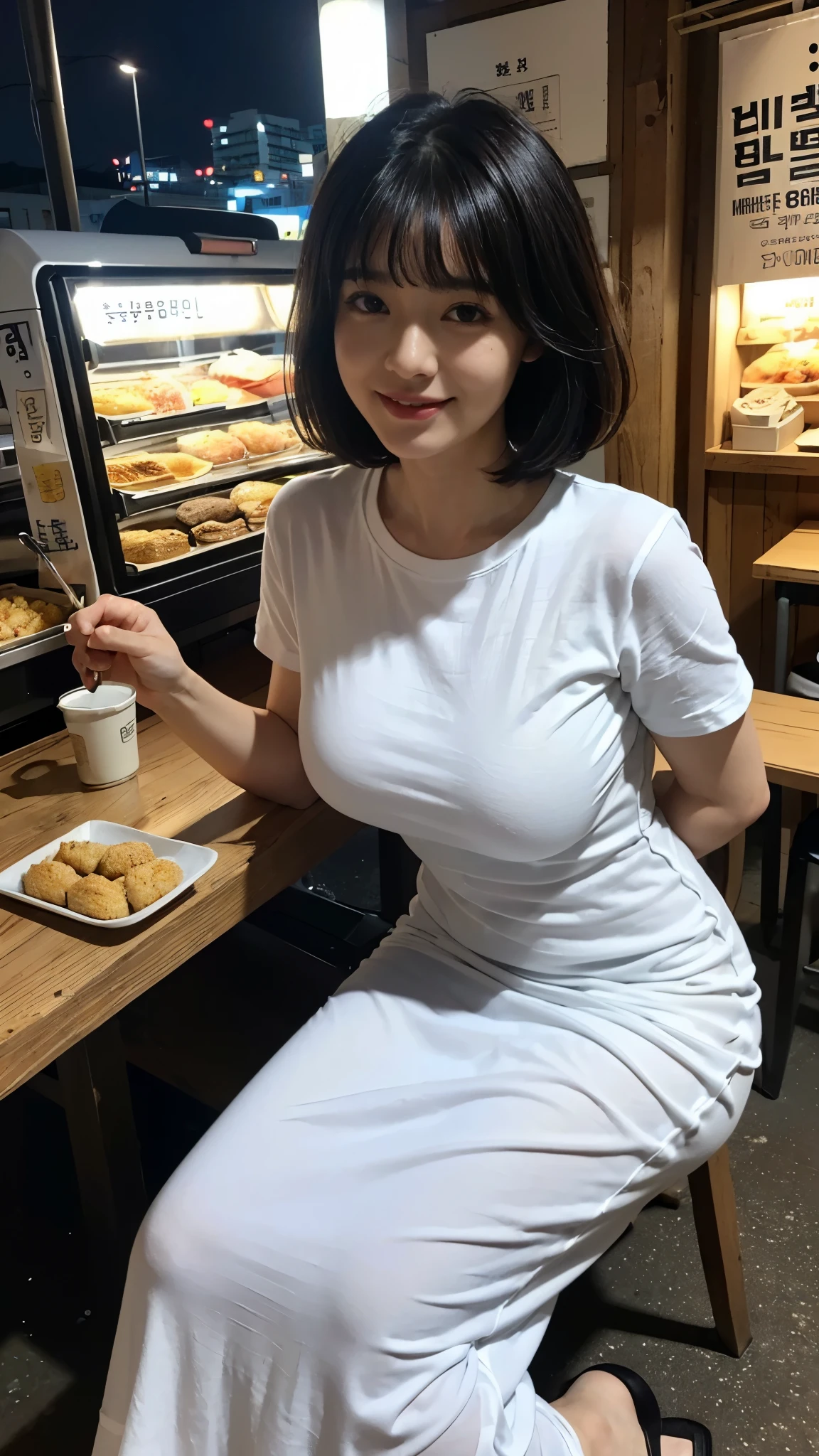 ((best quality, 8 thousand, masterpiece:1.3)), Concentrate upon: 1.2, bee waist, perfect body beauty:1.4, ((layered haircut:1.2)), Highly detailed face and skin texture, White skin, whole body, Looking at it, the gap is big., big bust, volume, laugh, beautiful teeth, bangs cut, (반팔 long dress t-shirt:1.3), Sagging breasts, big bust, dark night, (아무도 없는 dark night에 야외 포장마차에 테이블에 sit down:1.3), (Nakasu food stall:1.3), Outdoor food stalls, (sit down), (Sandal shoes), (alone:1.2), long dress t-shirt,