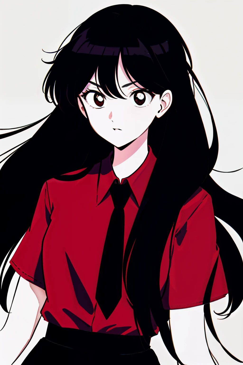 a 1girl, body complet, very detail, a lot of details, very extremely beautiful,  ((masterpiece, minimalism)), (long black Hair), black necktie, (red shirt), Dark colors, looks into space