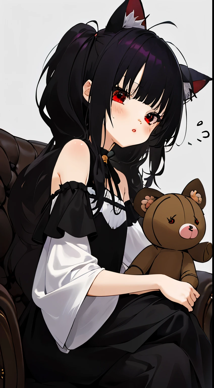 obra maestra，alta calidad，4k,arte oficial detallado，，(el detalle:1.4)Esta es una pintura，Depicts a girl sitting on a sofa holding a teddy bear。The game is designed with dark fantasy characters，The atmosphere seemed sinister.。,((long hair slightly wavy slightly past the shoulders, black bangs, small black pigtails on the sides, cute cat ears, beautiful thin red eyes)), and a gothic face，Chica anime con cabello ????? y vestido blanco sosteniendo osito de peluche, anime girl gothic maiden, 1 7 year old anime gothic girl, nocturno, Chica anime con vestido ?????,anime visual de una linda chica, una chica anime, Kawasi, Chica anime feroz, Incorporates dark fantasy elements.，Brown hair，Las proporciones son correctas.