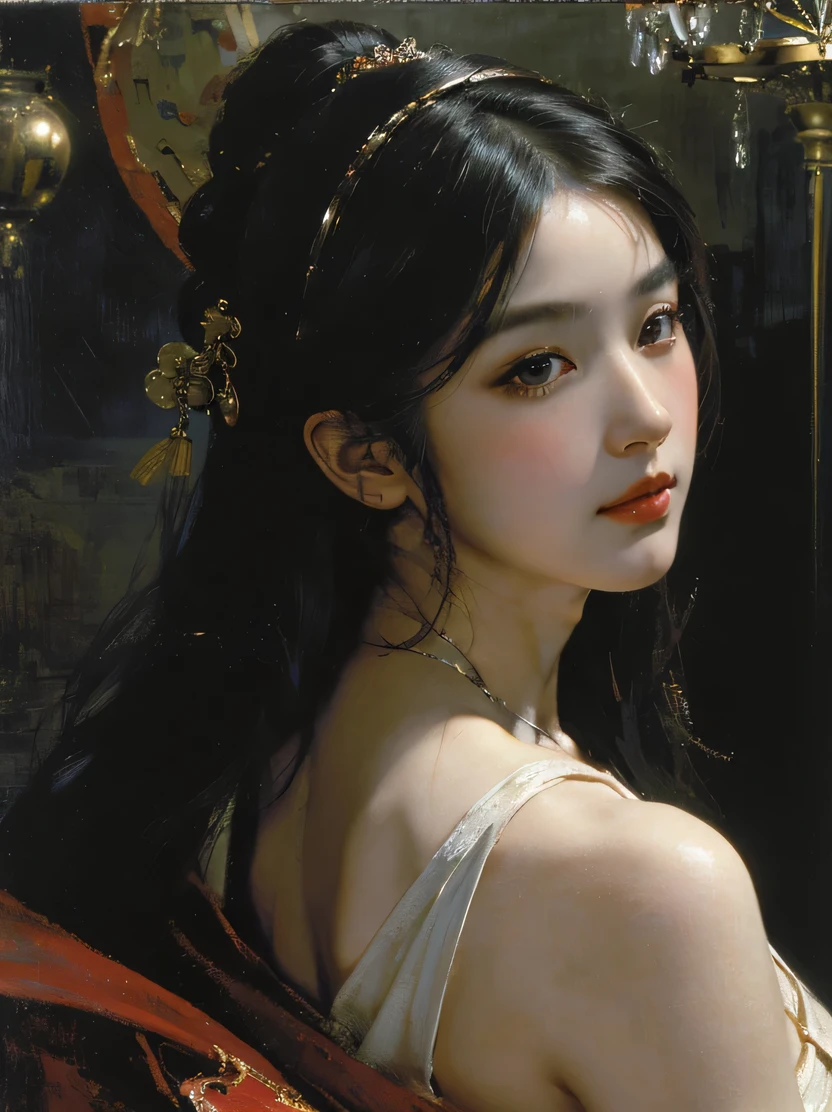 ((masterpiece、highest quality、Super detailed、High resolution、sharp focus、cinematic lighting))、((1 female、middle shot))、long black hair woman、exquisite features、chignon、Hairpin、red chinese style dress、((renaissance classic oil painting style))、((view audience))、Detailed hand depiction、Fechin、oil painting