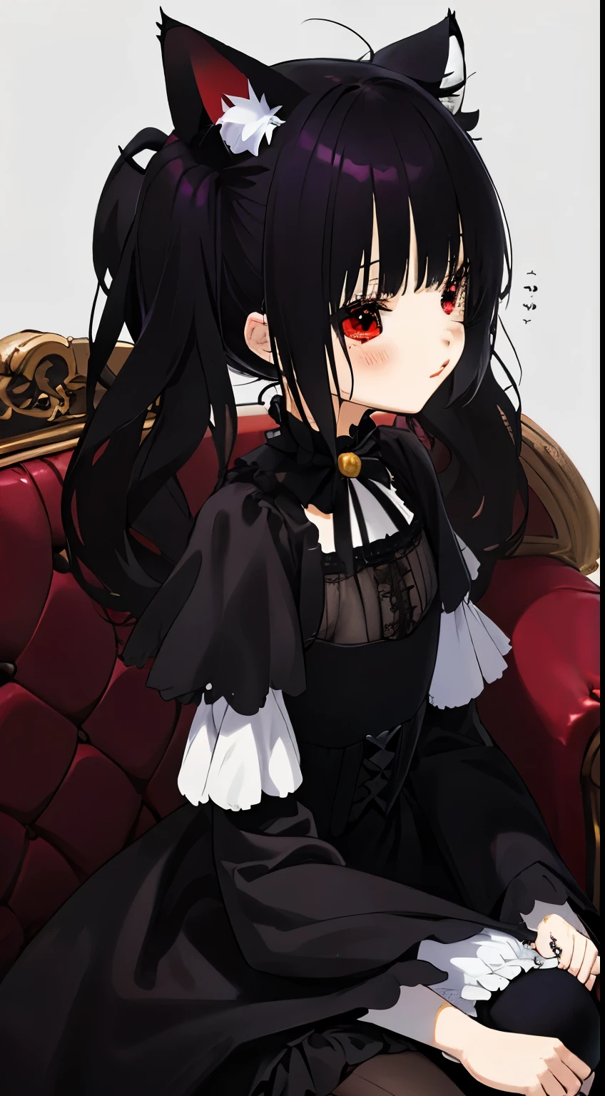 obra maestra,alta calidad,4k,arte oficial detallado,,(el detalle:1.4)Esta es una pintura,Depicts a girl sitting on a sofa holding a teddy bear。The game is designed with dark fantasy characters,The atmosphere seemed sinister.。,((long hair slightly wavy slightly past the shoulders, black bangs, small black pigtails on the sides, cute cat ears, beautiful thin red eyes)), and a gothic face,Chica anime con cabello negro y vestido blanco sosteniendo osito de peluche, anime girl gothic maiden, 1 7 year old anime gothic girl, nocturno, Chica anime con vestido negro,anime visual de una linda chica, una chica anime, Kawasi, Chica anime feroz, Incorporates dark fantasy elements.,Brown hair,Las proporciones son correctas.