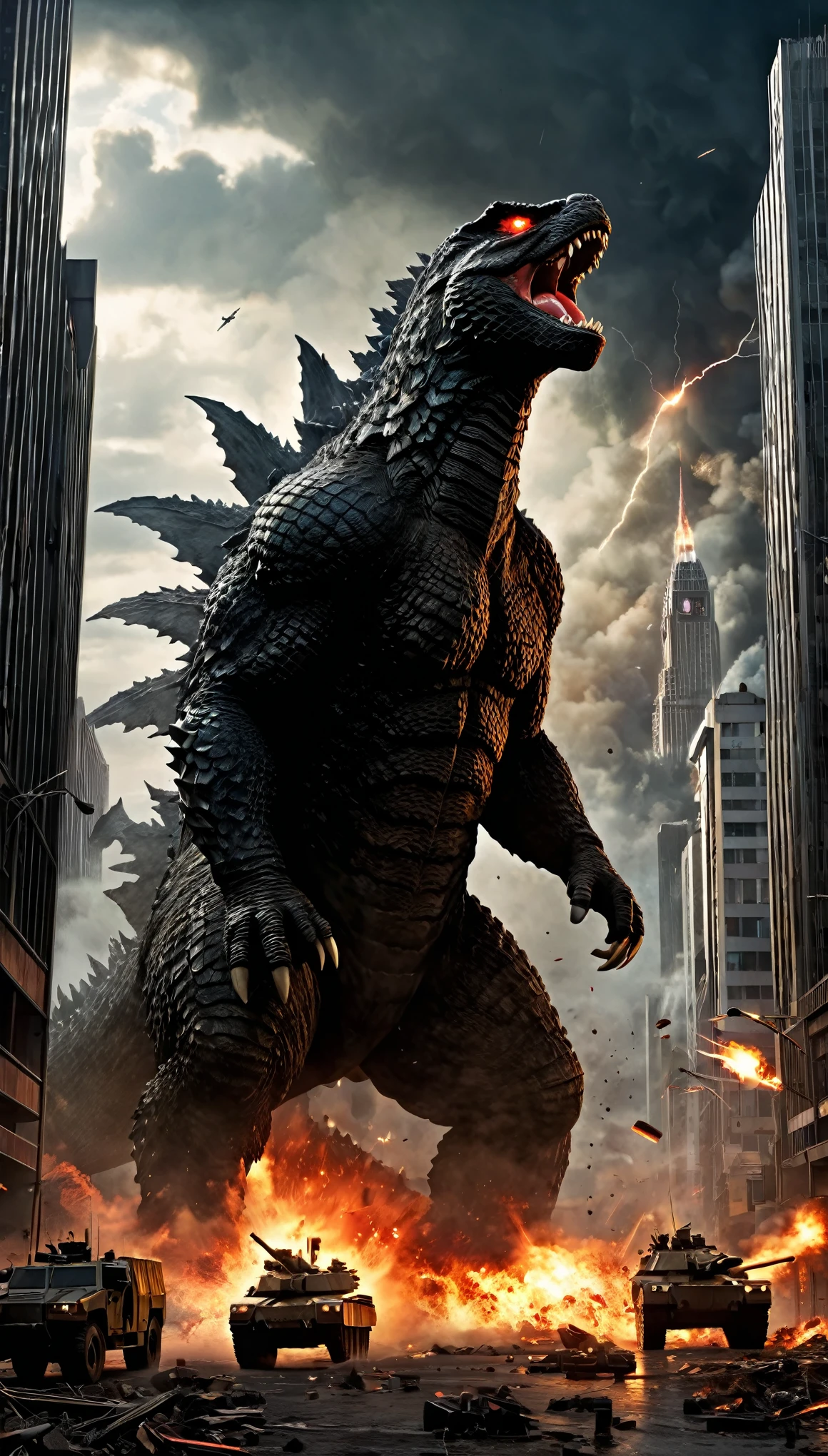 realistic,cinematic,Godzilla,(best quality,4k,8k,highres,masterpiece:1.2),ultra-detailed,(realistic,photorealistic,photo-realistic:1.37),large-scale destruction,enormous cityscape,widespread chaos,streets in ruins,skyscrapers crumbling,detailed debris,panicked civilians,evacuation efforts,Godzilla's colossal figure,scaly textured skin,sharp and menacing teeth,smoke billowing from its mouth,red fiery eyes,thunderous footsteps,explosions and fireballs everywhere,overtaking darkness,city consumed by fear and terror,chaotic battle with military forces,helicopters buzzing around,missiles and tanks firing,Godzilla unleashing devastating attacks,roaring with immense power,dark and dramatic lighting,streaks of light piercing through the sky,stormy atmosphere,intense and suspenseful soundtrack,apocalyptic scene,overwhelming sense of danger.