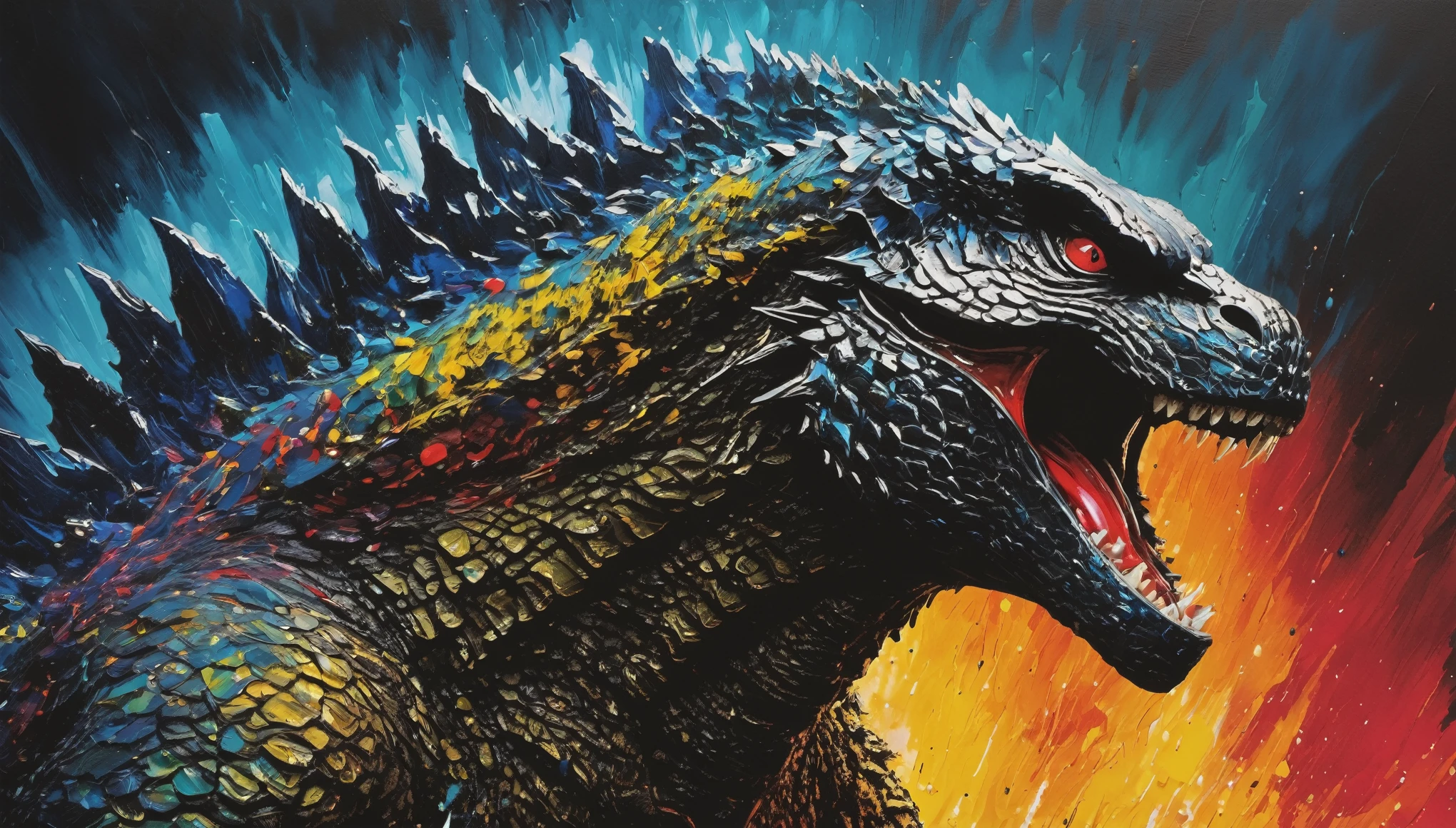 Godzilla,abstract art,scaly textured skin,ultra-detailed,realistic,sharp focus,best quality,4k,8k,highres,masterpiece:1.2,striking contrast,vibrant colors,dramatic lighting,unconventional perspective,creative composition,dynamic movement,dazzling effects,impressive scale,imposing presence,awe-inspiring,horror,concept artists,abstract expressionism,contemporary,modernism,experimental techniques,surreal elements,fluid brushwork,emotional impact,sublime atmosphere,unexpected juxtapositions,visually captivating,mesmerizing aesthetics,innovative sensibility,limitless imagination,daring creativity,vivid interpretations