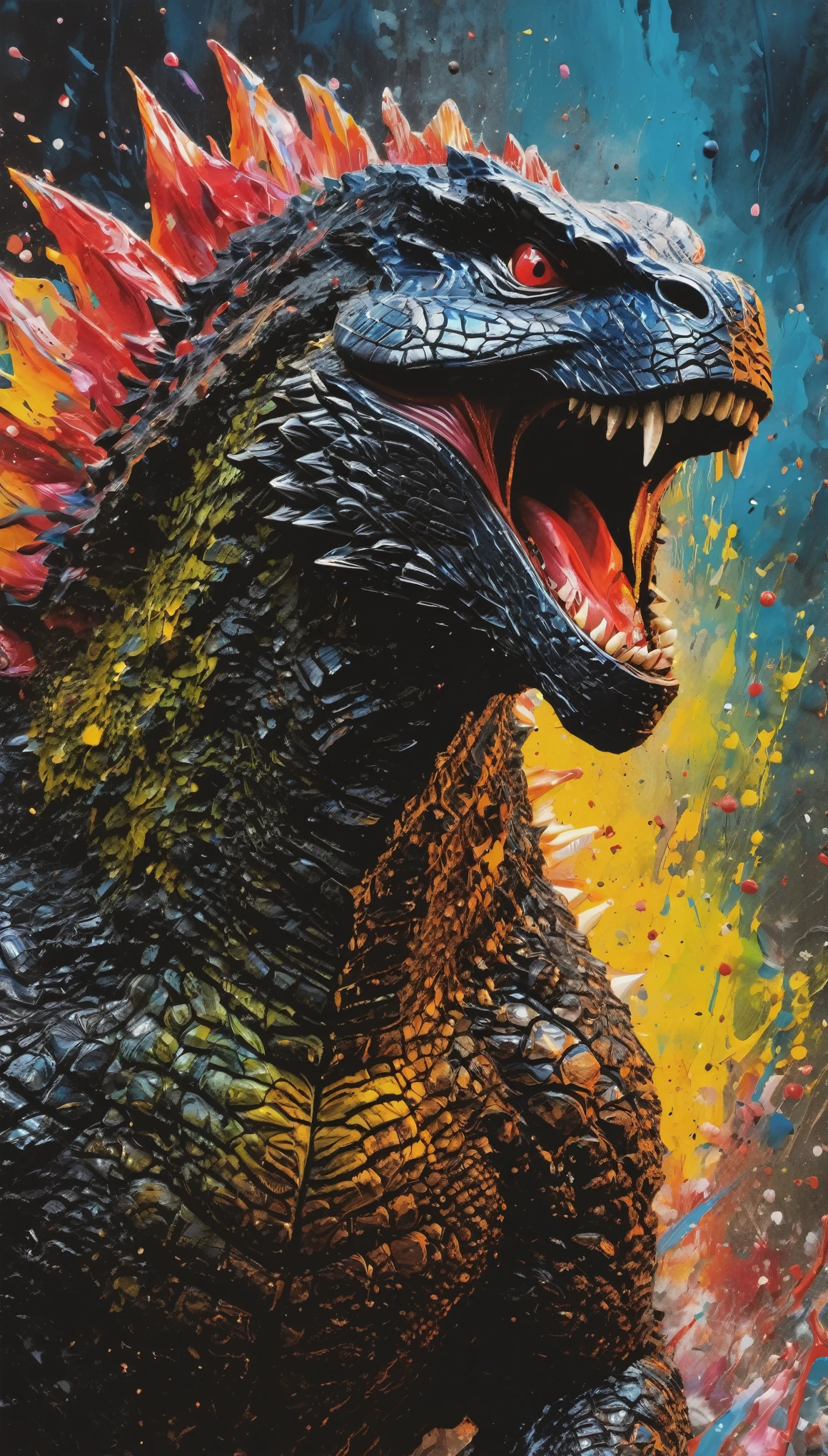 Godzilla,abstract art,scaly textured skin,ultra-detailed,realistic,sharp focus,best quality,4k,8k,highres,masterpiece:1.2,striking contrast,vibrant colors,dramatic lighting,unconventional perspective,creative composition,dynamic movement,dazzling effects,impressive scale,imposing presence,awe-inspiring,horror,concept artists,abstract expressionism,contemporary,modernism,experimental techniques,surreal elements,fluid brushwork,emotional impact,sublime atmosphere,unexpected juxtapositions,visually captivating,mesmerizing aesthetics,innovative sensibility,limitless imagination,daring creativity,vivid interpretations