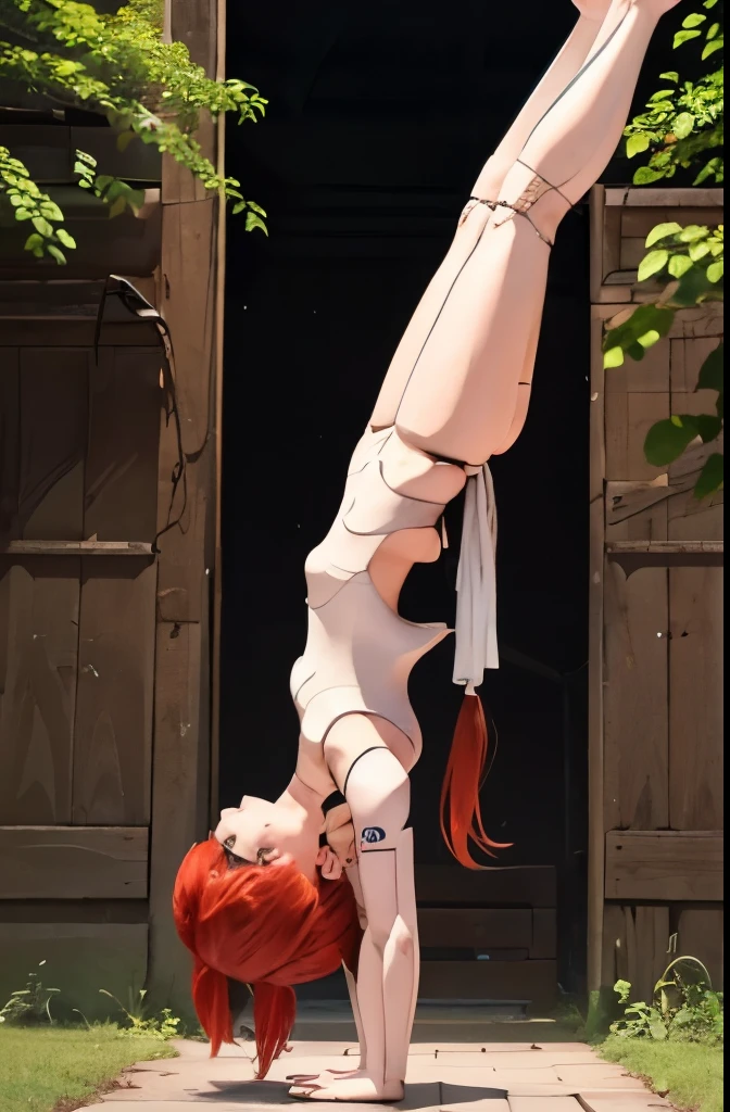 A Female robot is sleeping in forest, spread legs, nude, banzai pose. she wears no dress. She Brown short hair is tied with two big red clothespins, She lifts up the under hem of her white plain dress, leaning over, masterpiece, very short pigtails,brown hair, mature, android, blue eyes, full body figure, Height: 160cm, flushed cheeks, 2020s anime picture, A beautiful robot with short brown hair in two short pigtails held up by two very large huge red clothespins, Uplifting, No NSFW, whole body, barefoot, archaic smile, getting orgasm, 25 years old, sweat bucket. She can move while doing a handstand.