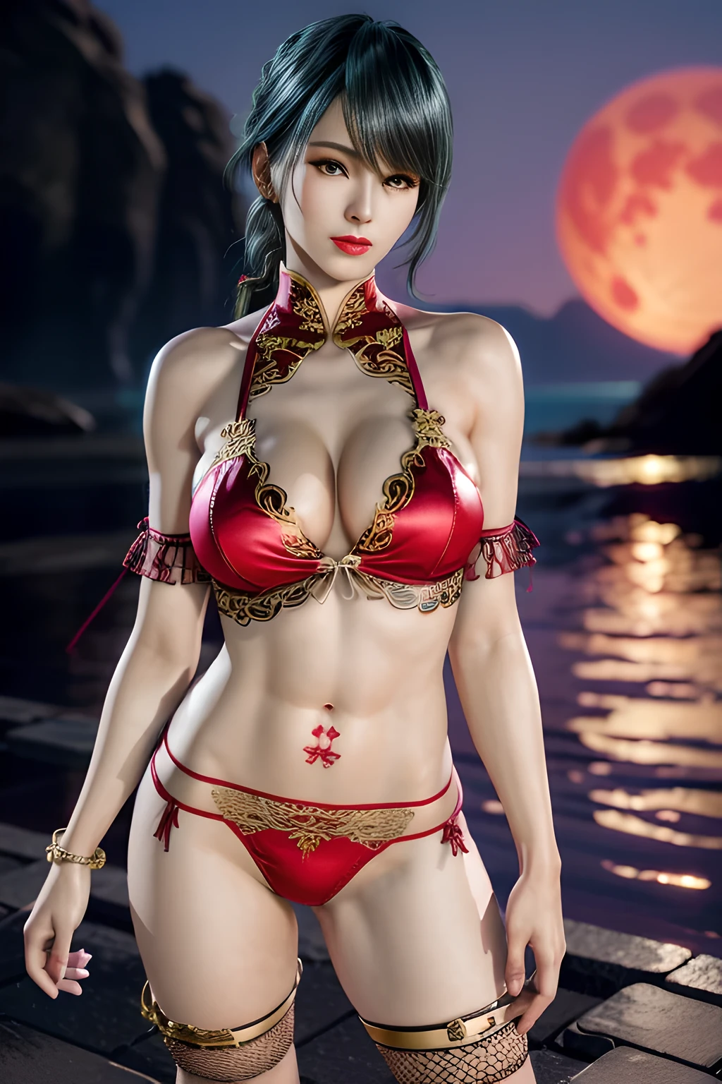 1 girl,standing posture,halter neck, bare shoulders, pantyhose, bodysuit,( see-through:1.2),lingerie, fishnets, nighttime,RED moon,(( ancient Hanfu)),gem tassel,( huge breasts),cleavage,shiny skin, red lips,( tattoos:1.2), masterpiece, best quality, realistic ,Rich artistic colors, 8K,Portrait art,solo, tamaki