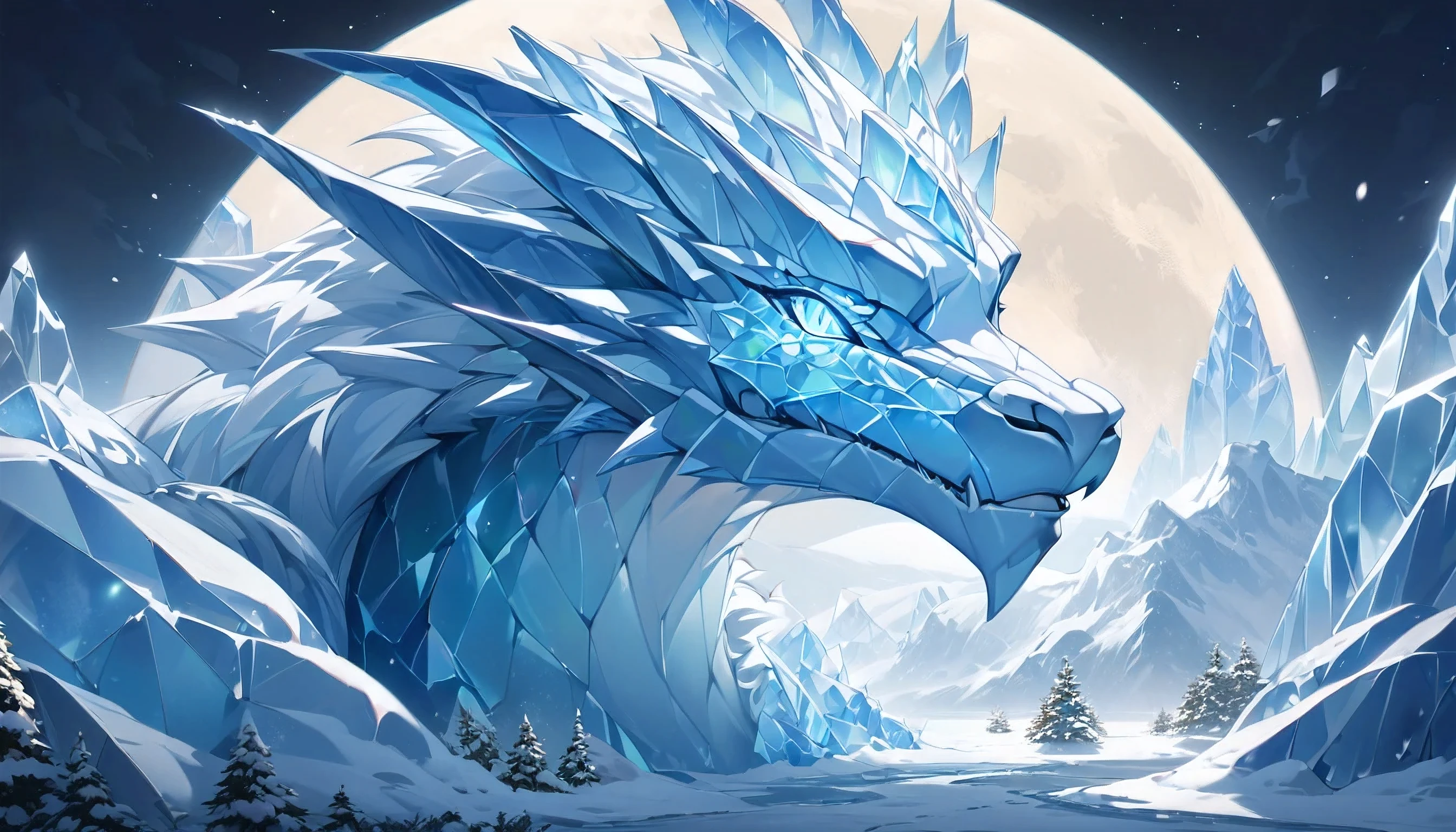 ultra detailed, high resolution, digital art, portrait of a dragon head, made of translucent ice, an ice elf, wearing fur clothes, leaning against the head with a large moon on the horizon in the center illuminating the image, the only source of light is the moon, the backgroun is snow, ice, cold, with a little greenery here and there.