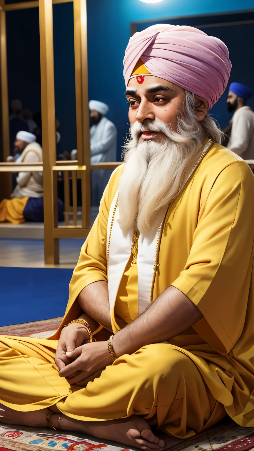 Guru Nanak Dev Ji, the revered spiritual leader, sits serenely amidst a bustling crowd, surrounded by curious onlookers. His radiant smile shines brightly as he gazes intently at a man hovering gracefully above on a flying carpet. The intricate design of the carpet shimmers in the soft lighting, while the man clings to its side with a focused expression. Guru Nanak's peaceful demeanor infuses the scene with a sense of tranquility amidst the lively atmosphere. The rich colors and intricate details bring this spiritual encounter to life, as if the viewer is a part of the captivated crowd.