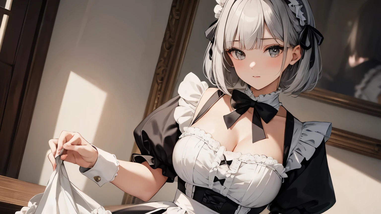 A beautiful girl wearing a maid outfit with lots of frills and lace　Silver bob hair with big ribbon