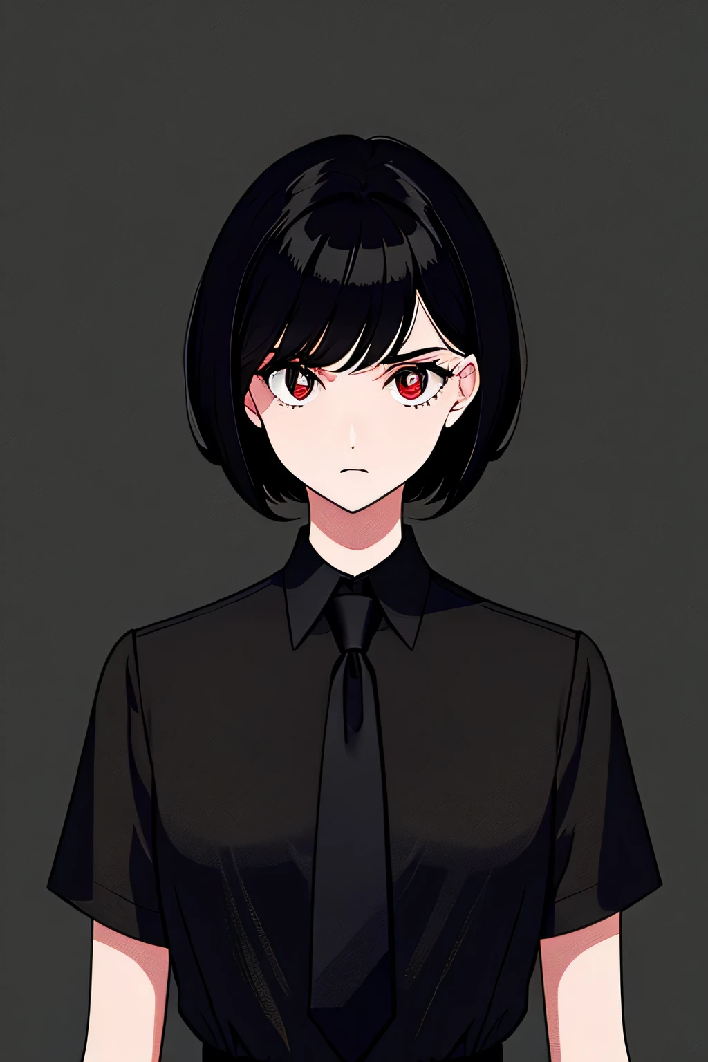 a 1girl, body complet, very detail, a lot of details, very extremely beautiful,  ((masterpiece, minimalism)), (short black Hair), black necktie, (red shirt), Dark colors, looks into space
