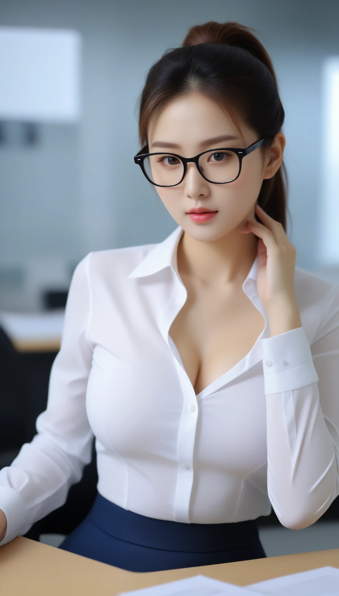 beautiful korean female, 34 inch breasts size, high ponytail, wearing shirt, Pretending to move glasses,  in the office's room, UHD