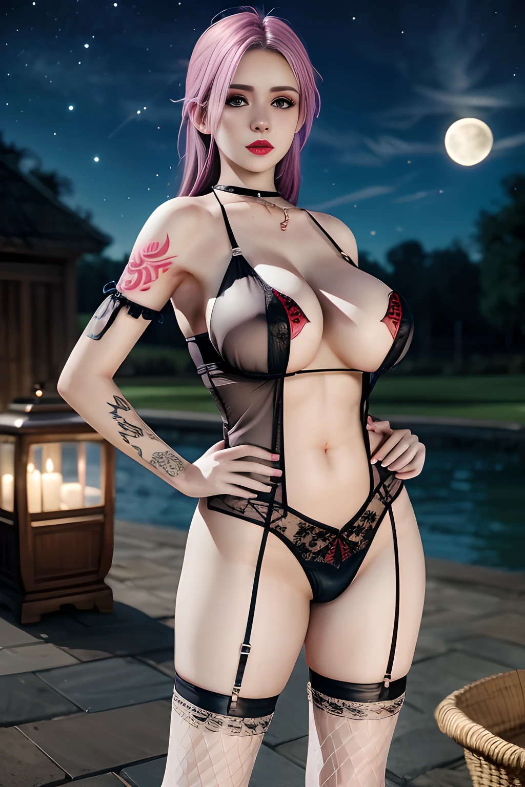 1 girl,standing posture,halter neck, bare shoulders, pantyhose, bodysuit,( see-through:1.2),lingerie, fishnets, outdoor,elegant,nighttime,moonlighe,shiny skin,( huge breasts), red lips,( tattoos:1.3), masterpiece, best quality, realistic ,Rich artistic colors, 8K,soft shadows,Portrait art,solo, elise,