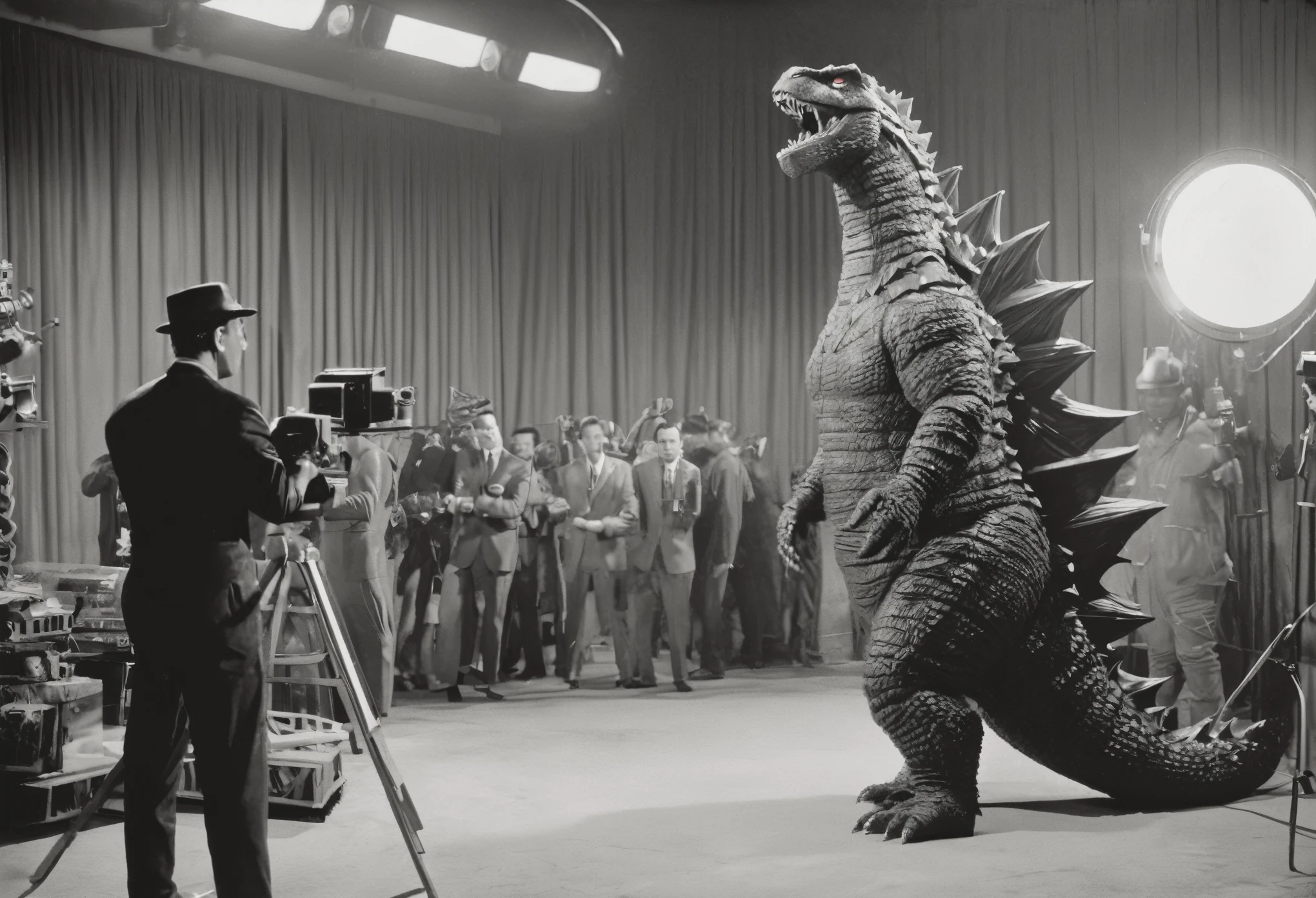 Godzilla, 1960s, blac&white, 1960s stylized, filming scene in the studio, a man dressed in a rubber godzilla outfit, A large model of the city on which a man in a godzilla costume moves, cameras, lighting, filming, realistic photo from the film set