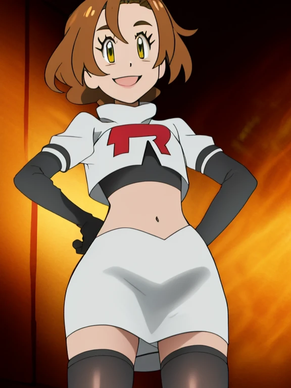 8k, masterpiece,highres, team rocket uniform, red letter r, white skirt,white crop top,black thigh-high boots, black elbow gloves, smiling, looking down at viewer, hands on hips, cowboy shot, zettai ryouiki,from below, black panties,anime style, vivid colors, sharp focus, intense lighting,towa herschel,trails of cold steel