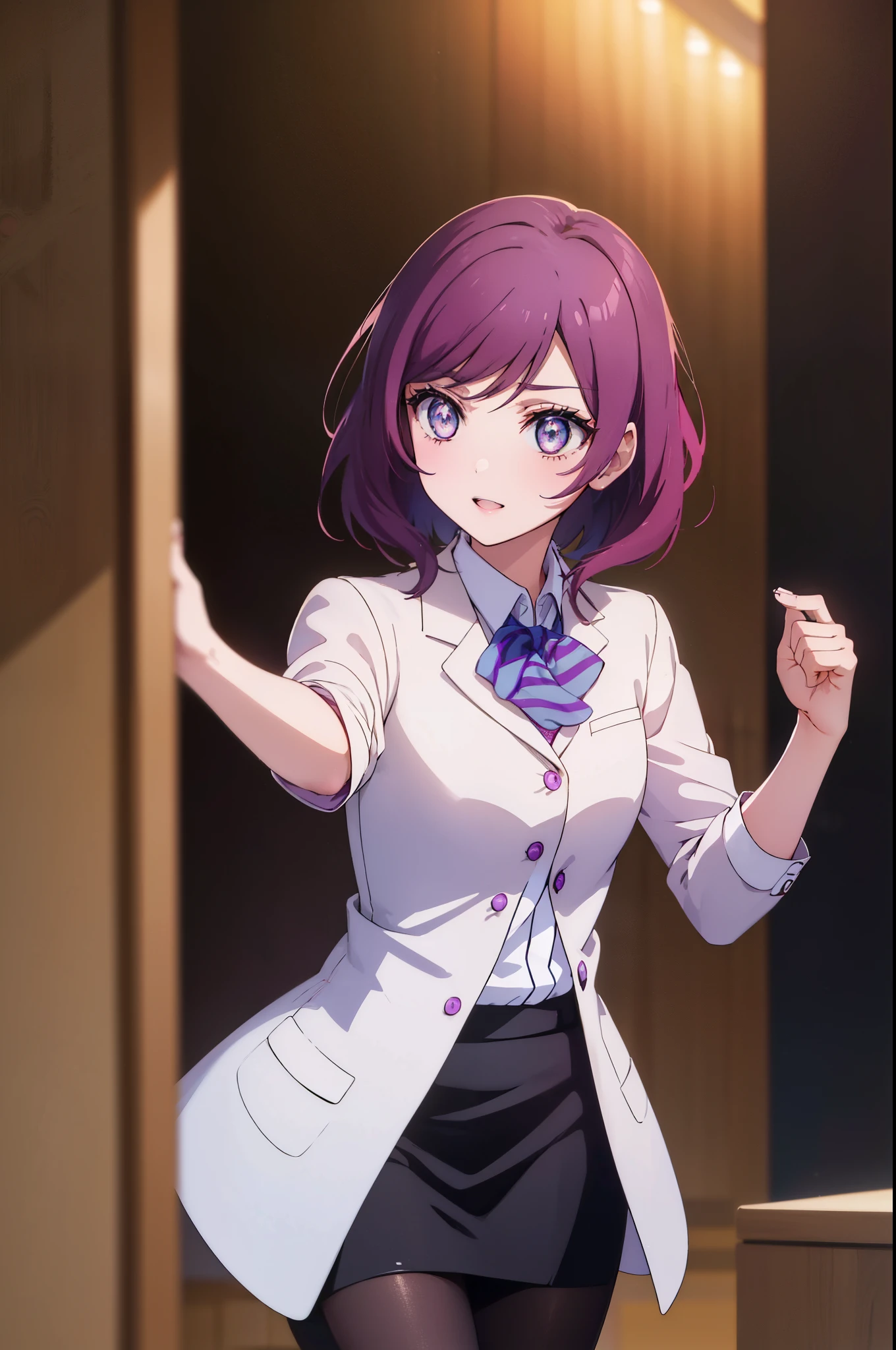 makinishikino, Maki Nishikino, short hair, (purple eyes:1.1), redhead,happy smile, smile, open your mouth, amazingly beautiful、((doctor&#39;s white coat)), collared shirt、doctor style)), ,(( silk blouse、black pencil skirt、 black pantyhose))、stiletto heels,sitting in a chair with legs crossed,There is a chart on the table,白を基調としたExamination room,So that the whole body goes into the illustration,sexy pose,
break indoors, Examination room,
break looking at viewer, (cowboy shot:1.5),
break (masterpiece:1.2), highest quality, High resolution, unity 8k wallpaper, (figure:0.8), (detailed and beautiful eyes:1.6), highly detailed face, perfect lighting, Very detailed CG, (perfect hands, perfect anatomy),