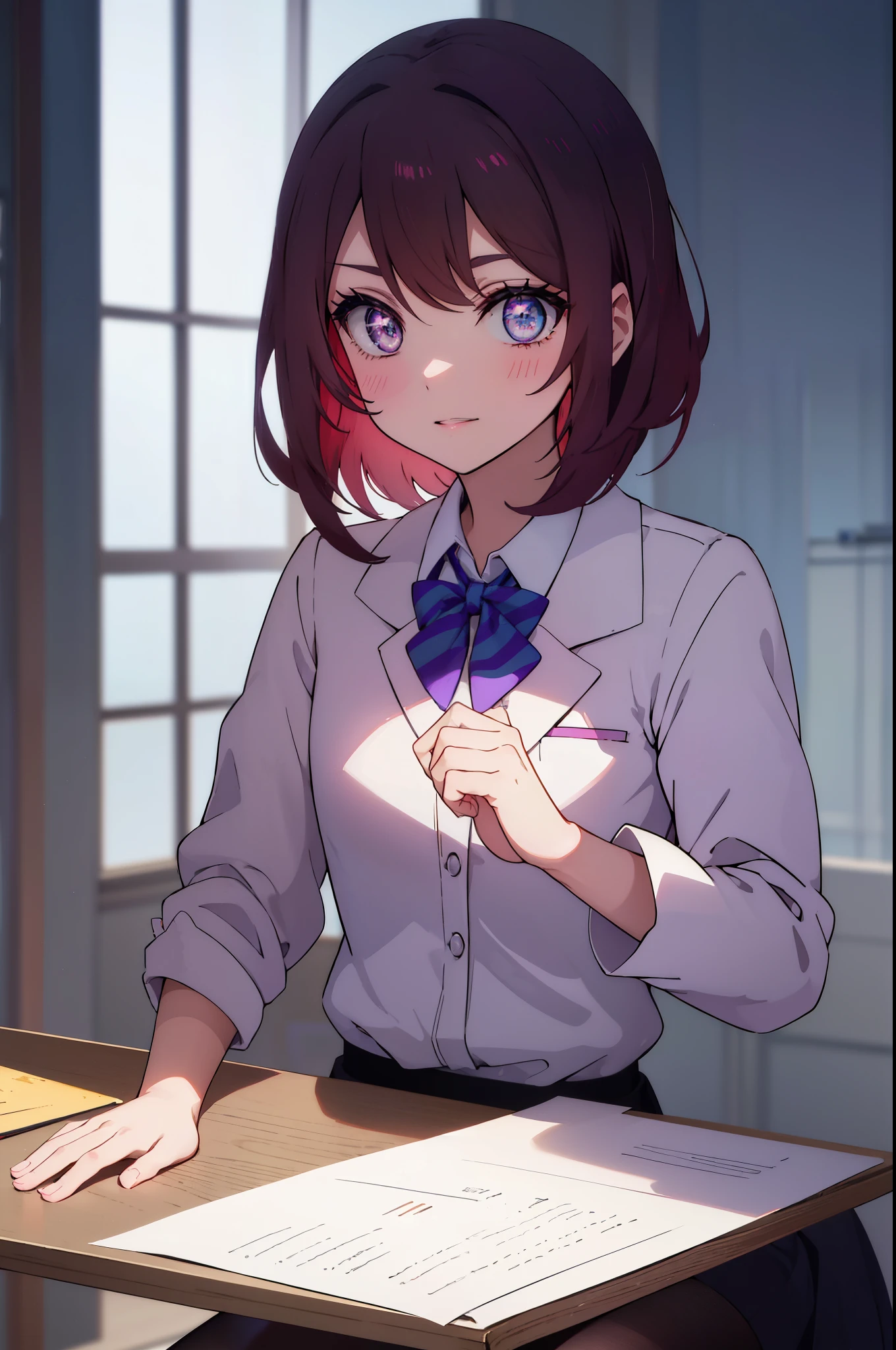 makinishikino, Maki Nishikino, short hair, (purple eyes:1.1), redhead,happy smile, smile, open your mouth, amazingly beautiful、((doctor&#39;s white coat)), collared shirt、doctor style)), ,(( silk blouse、black pencil skirt、 black pantyhose))、stiletto heels,sitting in a chair with legs crossed,There is a chart on the table,白を基調としたExamination room,So that the whole body goes into the illustration,sexy pose,
break indoors, Examination room,
break looking at viewer, (cowboy shot:1.5),
break (masterpiece:1.2), highest quality, High resolution, unity 8k wallpaper, (figure:0.8), (detailed and beautiful eyes:1.6), highly detailed face, perfect lighting, Very detailed CG, (perfect hands, perfect anatomy),