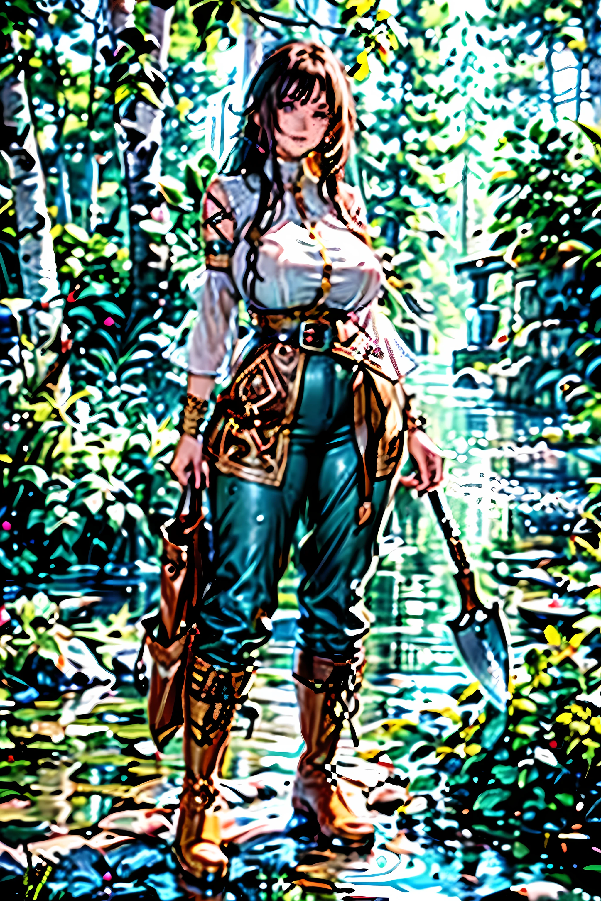 Masterpice, top quality, hdr, high resolution, (summer taiga morning pines background+) 1 girl, (mid-river standing+). ((fish skin knee-length tunic with leather patches on elbows, nettle material and birch bark parts, attached simple geometric patterns and sinew fringes++)), ((fish skin mid-calf trousers tied around the ankles with sinew++)), ((Knee-high waterproof fish skin boots++)), net bag, knife on the belt, wooden harpoon, heart-shaped face, ((green-brown eyes++)), ((dark hair with light chestnut highlights++)), strong jawline, (high cheekbones+), smile, laugh, young, toned body, tall, sun-kissed, breathtaking beauty, voluptuous curves, ample breasts.