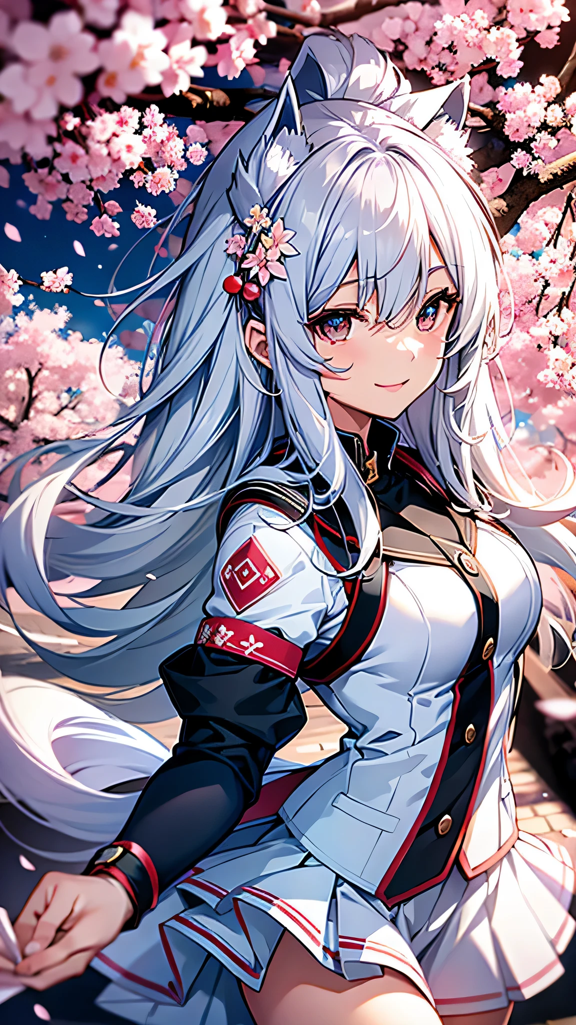 最high quality、best image quality、masterpiece、girl((18-year-old、 By becoming、vest bust、medium bust,wide open breast tea、shining eyes, silver hair、long hair、thin,highest valley、、white sailor suit、White short skirt、Wristband、smile、dance)),high quality、beautiful art、background((SakuraFubuki、Falling cherry blossoms、Cherry tree、beautiful park、square))、Flight、debris flies、Depth of written boundary、movie、visual art、perfect art、8K,genuine、