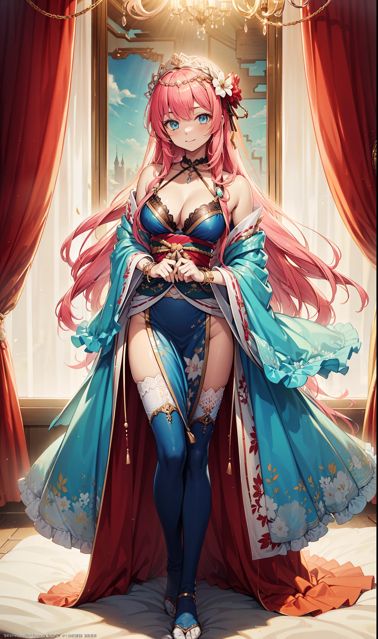 (best quality, high resolution, textured skin, high quality, high detail,Extremely detailed CG Unity),teenage girl，Obsessed，divine happiness，in love，(Swimwear and Kimono:1.2)，pink hair，blue eyes，(Fabric headwear minimalism，Multi-layered delicate ruffles，lots of lace，multicolor cloth，exquisite embroidery，Exquisite pattern，Fabric headwear，exquisite clothing，see through transparent clothes，bedroom，night，(dazzle:1.2)，movie lighting，the only person，Fluttering skirts，thighhighs