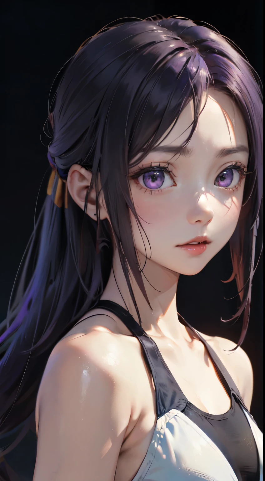 Old body portrait of a beautiful girl、Delicate、detaileds、masterpiece、Real Stick、3D background、Backgrounds with depth、Realistically exaggerate changes in material texture、Exaggeration of gloss、The best transcendental virtuosity、ponytail、Purple hair color、purple hair color、swimsuit、