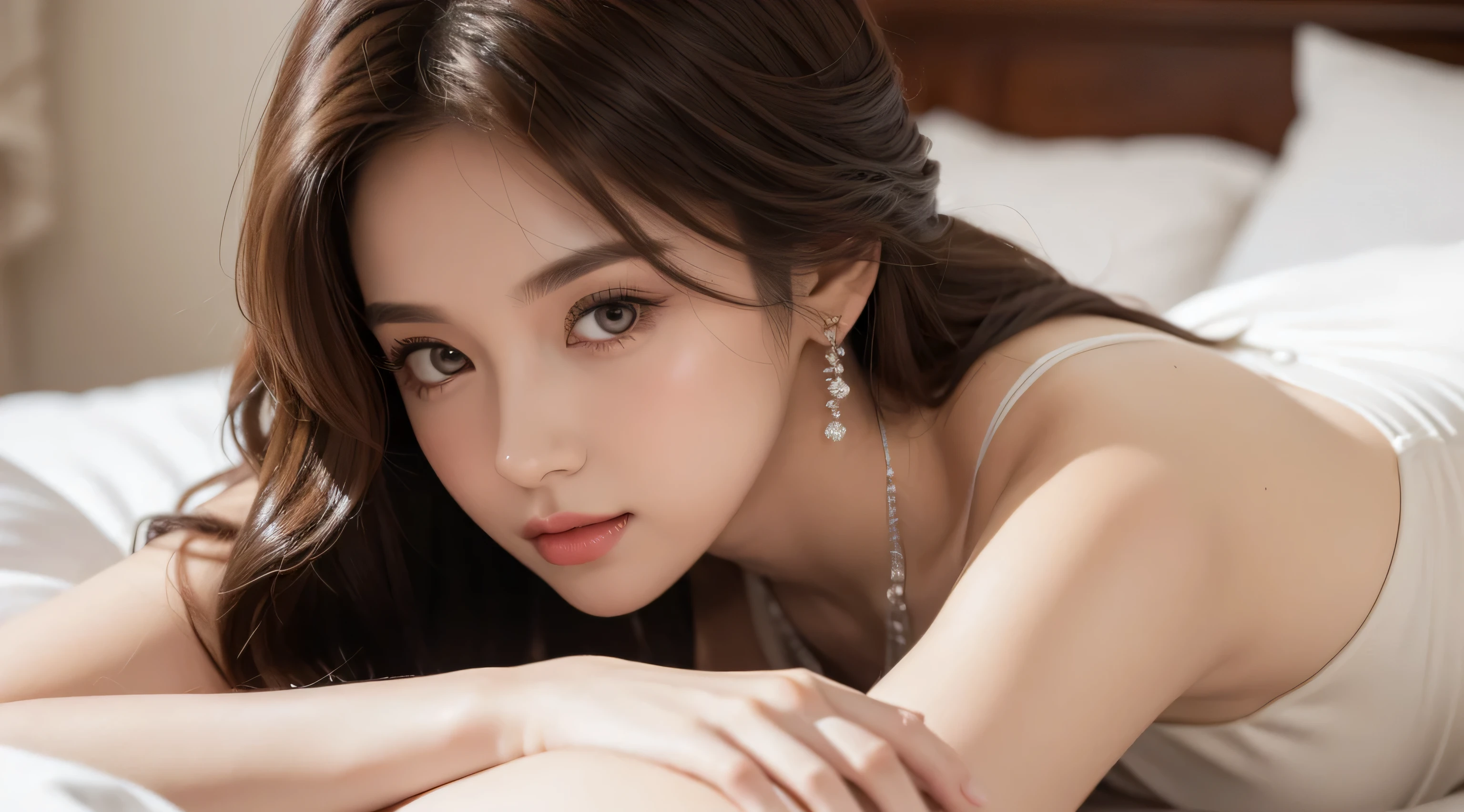 A beautiful girl is laying down on the bed, long brown hair, perfect body figure, she's wearing a long tight white dress, random posed, close up photoshoot