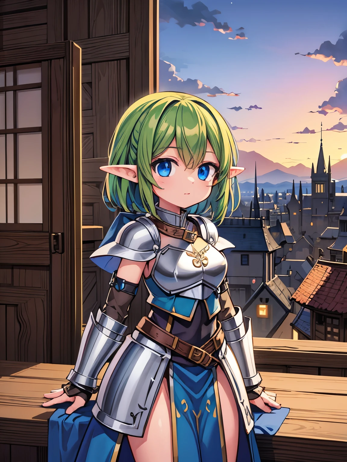 (Elf girl:1.2), (solo:1.2), (pixiv masterpiece:1.2), (metal armor:1.2), (medieval fantasy town:1.0)