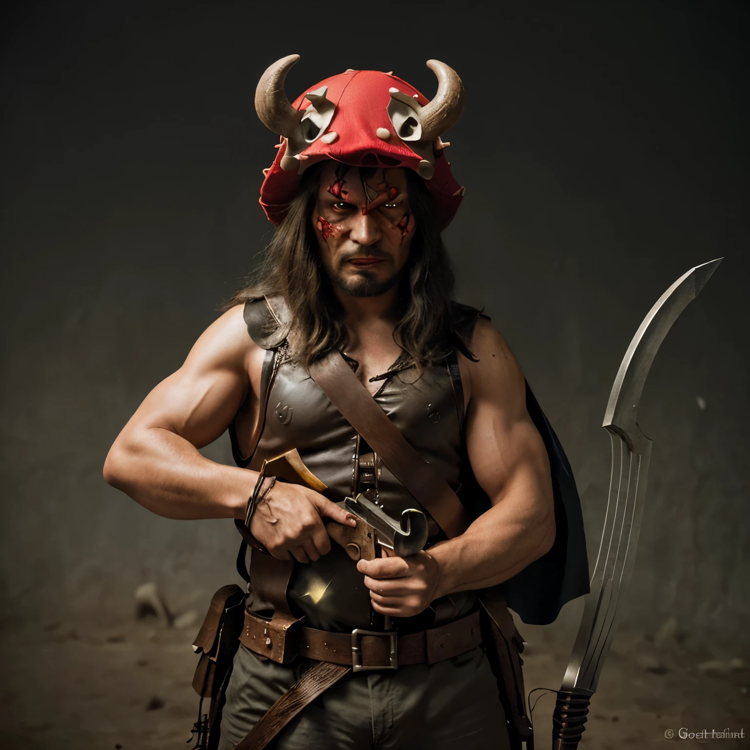 A hero wearing a mushroom hat holding a crossbow and a demon king face off.
