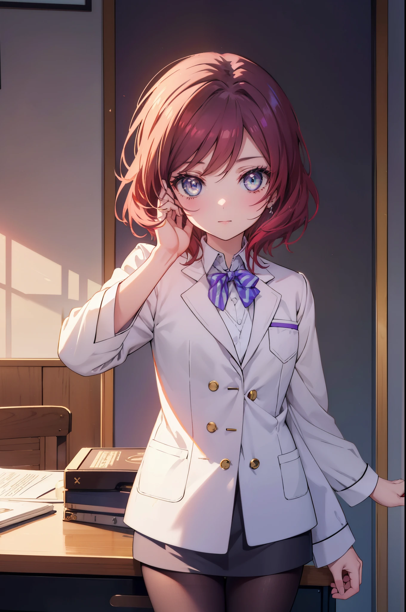 makinishikino, Maki Nishikino, short hair, (purple eyes:1.1), redhead,happy smile, smile, open your mouth, amazingly beautiful、((doctor&#39;s white coat)), collared shirt、doctor style)), ,(( silk blouse、black pencil skirt、 black pantyhose))、stiletto heels,sitting in a chair with legs crossed,There is a chart on the table,白を基調としたExamination room,So that the whole body goes into the illustration,sexy pose,
break indoors, Examination room,
break looking at viewer, (cowboy shot:1.5),
break (masterpiece:1.2), highest quality, High resolution, unity 8k wallpaper, (figure:0.8), (detailed and beautiful eyes:1.6), highly detailed face, perfect lighting, Very detailed CG, (perfect hands, perfect anatomy),