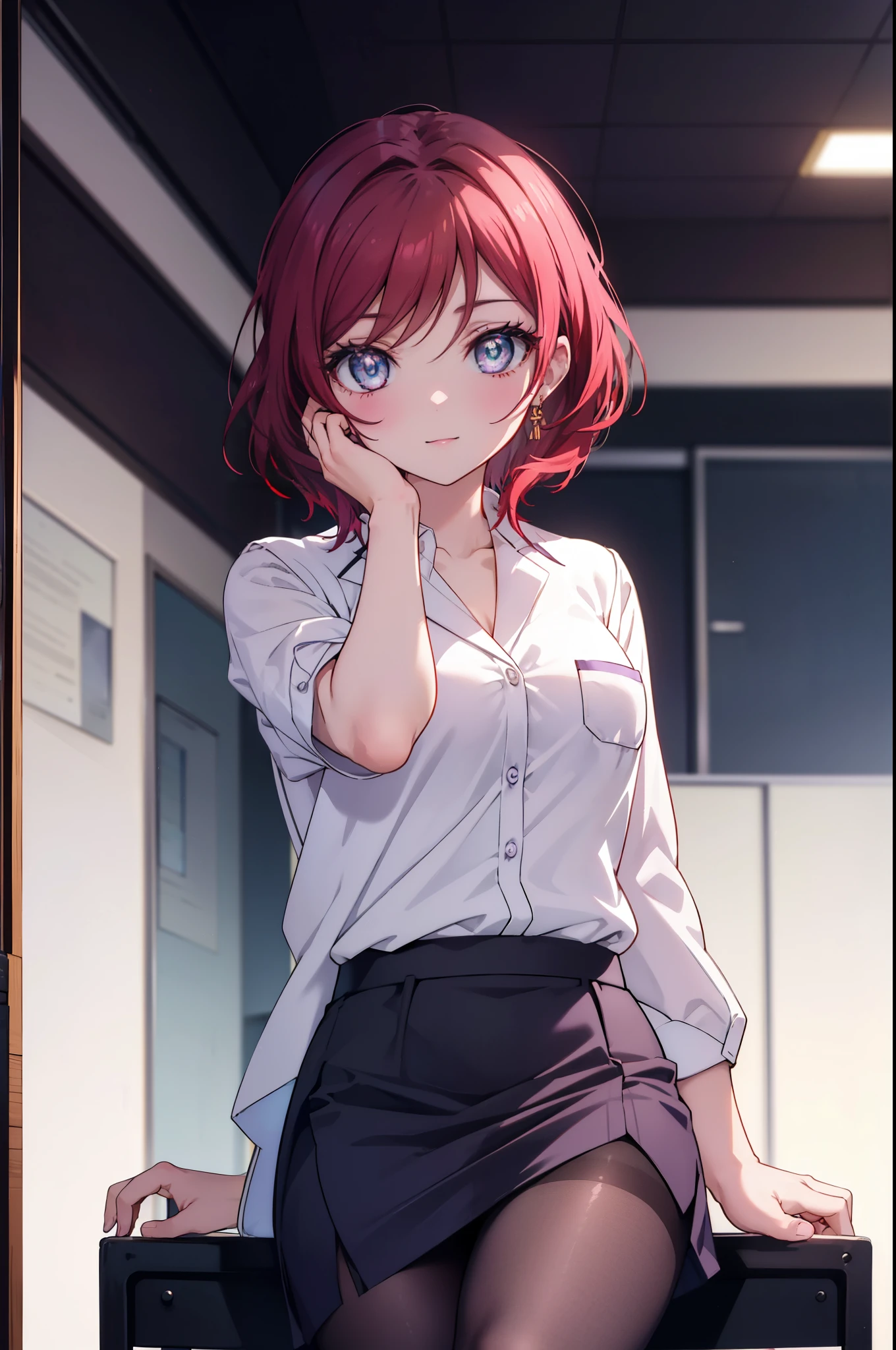 makinishikino, Maki Nishikino, short hair, (purple eyes:1.1), redhead,happy smile, smile, open your mouth, amazingly beautiful、((doctor&#39;s white coat)), collared shirt、doctor style)), ,(( silk blouse、black pencil skirt、 black pantyhose))、stiletto heels,sitting in a chair with legs crossed,There is a chart on the table,白を基調としたExamination room,So that the whole body goes into the illustration,sexy pose,
break indoors, Examination room,
break looking at viewer, (cowboy shot:1.5),
break (masterpiece:1.2), highest quality, High resolution, unity 8k wallpaper, (figure:0.8), (detailed and beautiful eyes:1.6), highly detailed face, perfect lighting, Very detailed CG, (perfect hands, perfect anatomy),