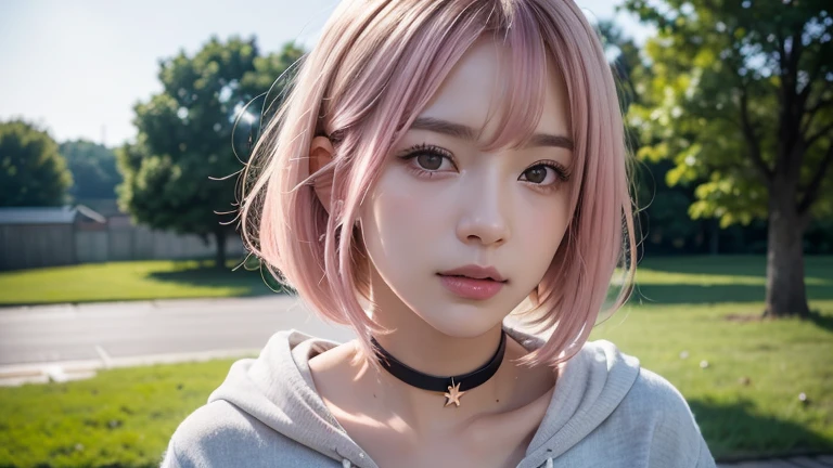 (bob cut hair, pink hair:1.2),(wearing a choker, wearing a hoodie:1.2),1 girl,Japanese,21 years old,(small breasts:1.3),(highest quality,masterpiece:1.3,超A high resolution,),(Super detailed,caustics),(Photoreal:1.4,RAW shooting,)ultra-realistic capture,very detailed,High resolution 16K human skin close-up。 natural skin texture、,The pores are、、、、Must be detailed enough to be easily identified。 Skin should look even-toned and healthy。 Use natural light and color, sad expression, look at the camera, perfect dynamic composition, outdoor