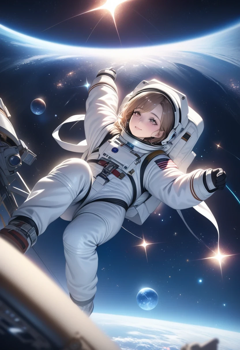 masterpiece, best quality, realistic, happily floating in space, sparkly, glowing