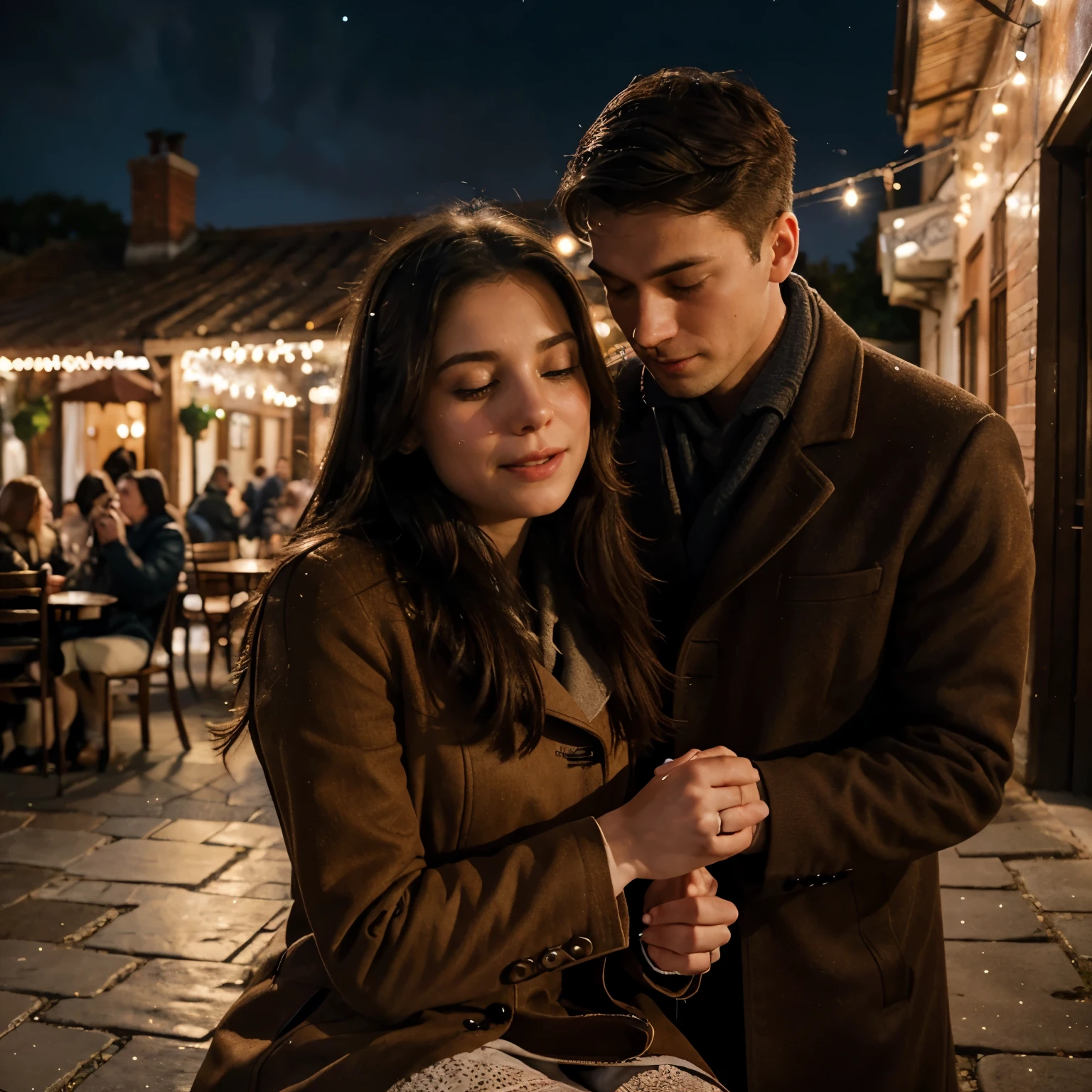 Title: "A Tender Proposal"
Description: Outside the café, under a starry sky, Emily and James stand beneath twinkling string lights. James kneels before Emily, a small box in his hand, as he gazes up at her with love and anticipation. Emily's hands cover her mouth in surprise and delight, tears welling in her eyes. The romantic setting and their emotional expressions capture the tender moment of James' proposal, evoking a sense of magic and timeless romance.