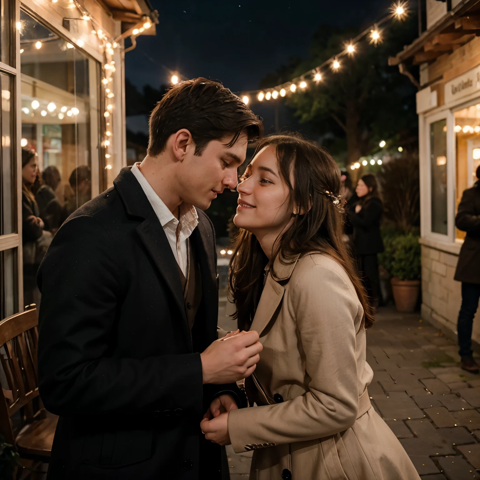 Title: "A Tender Proposal"
Description: Outside the café, under a starry sky, Emily and James stand beneath twinkling string lights. James kneels before Emily, a small box in his hand, as he gazes up at her with love and anticipation. Emily's hands cover her mouth in surprise and delight, tears welling in her eyes. The romantic setting and their emotional expressions capture the tender moment of James' proposal, evoking a sense of magic and timeless romance.