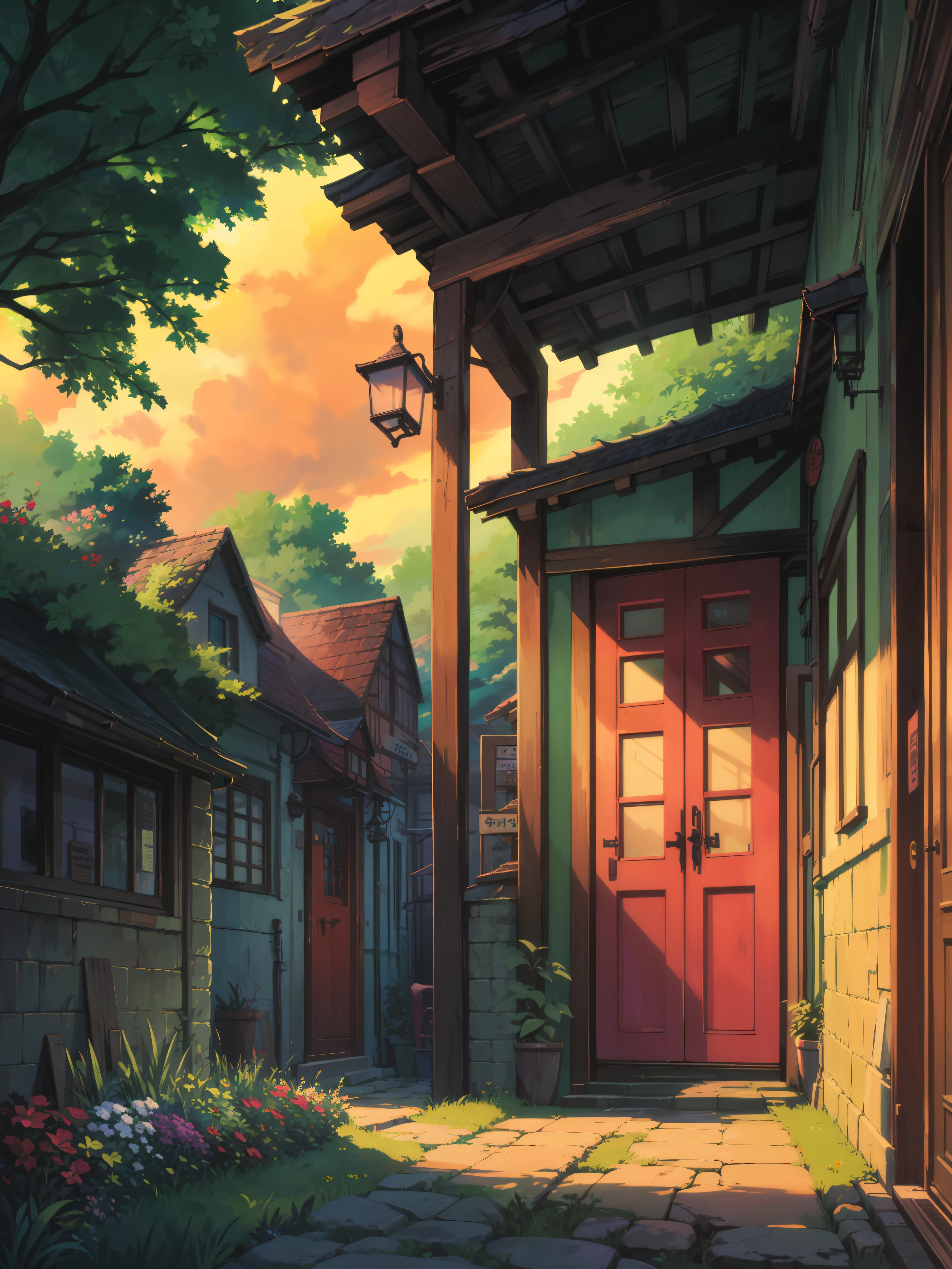 front view, grocery store in grassland, roof covered with flowers, evening time, leafy plant pots outside ,big glass doors, ghibli style, long grass, windy, pink and purple cloudy vast sky, vibrant nature, vibrant colors, intrinsic details, red sign boards, high contrast, saturated tones, thick lines