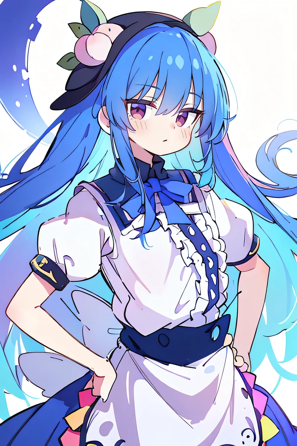 (masterpiece),best quality, expressive eyes, perfect face, 1girl,
 hands on waist,beautiful, gorgeous,anime,girl,lora,hinanawi tenshi, blue hair, blue haired, floating clothes,waist grab, grabbing waist, mains sur les hanches , hands on hips,flat chest