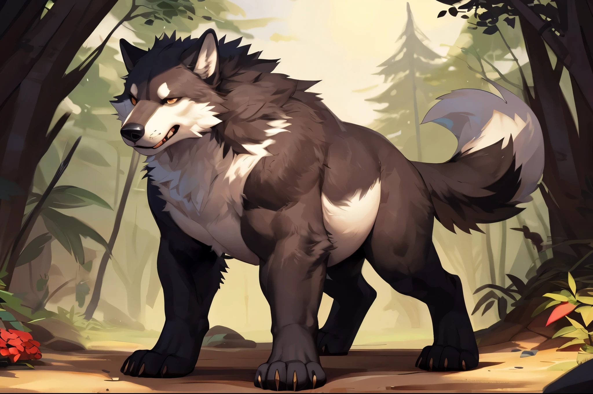 4k ultra quality, 4k full body view,(ultra high detailed body),strong wolf,dire wolf, detailed body,by mystikfox61, by glitter trap boy,feral paws, by bebebebebe,by morethreedee, by seibear,(thick thigh),(chubby thigh),thicc thigh,thick legs,chubby legs,thicc legs,massive butt,enomorous thigh,massive thigh,massive legs,thick lower legs,wide legs,(detailed thigh),(wide thigh),fluffy belly,hyper belly,sharp nails,((sfw)),(ultra detailed face),detailed eyes,big tail,fluffy tail,(detailed tail),enomorous tail,bigger tail,huge tail,volumetric light,muscle legs,big paws,(thick paws),fluffy paws,furry paws,enomorous paws,(animal focus), beast,standing,(bigger lower body),strong lower body,(long legs),front view,master works, super fine, 4k resolution, high quality,high picture detail,dark fantasy,illusory engine, Masterpiece,feral body,muscular feral,faint lighting,feral belly