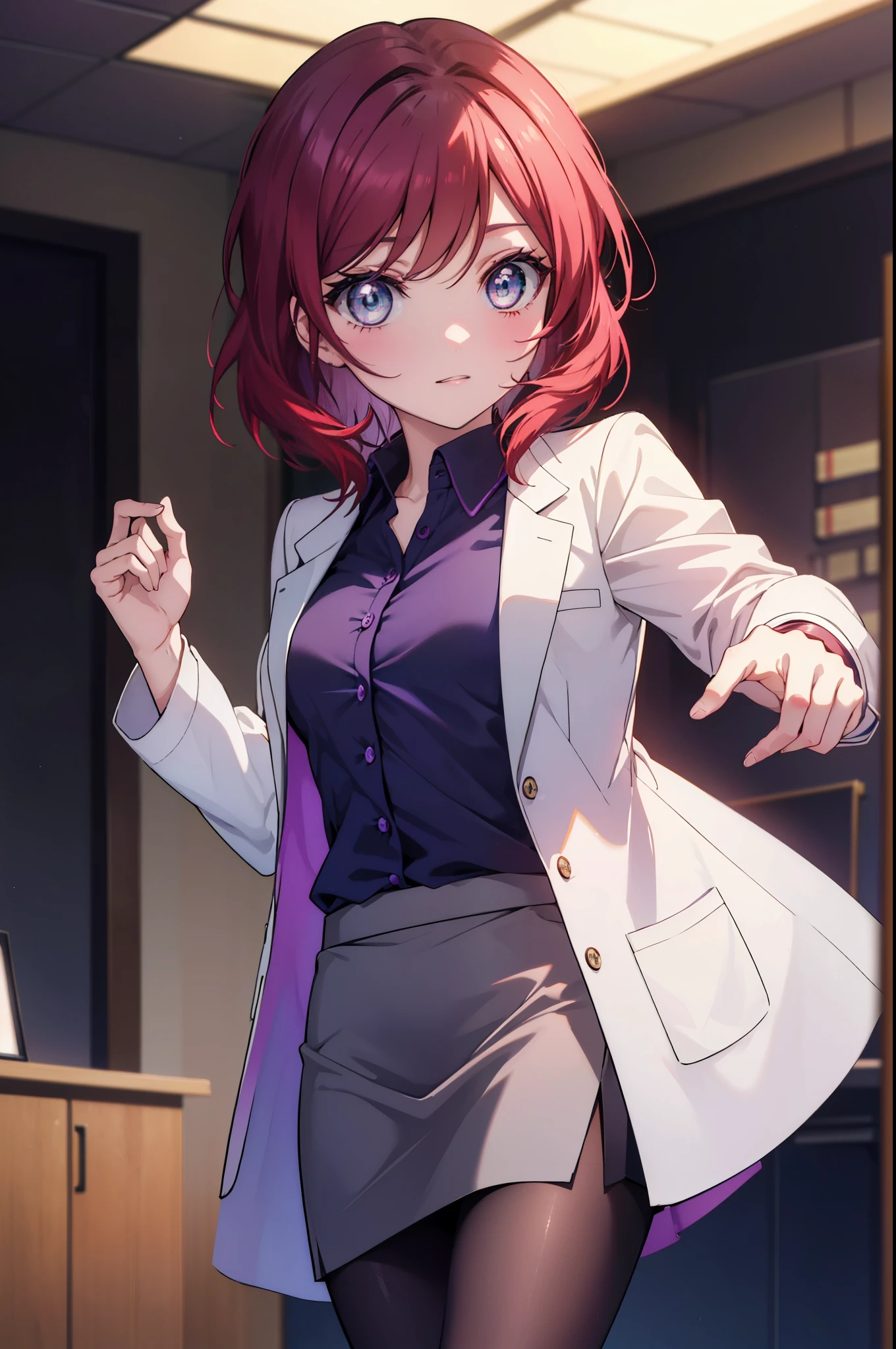 makinishikino, Maki Nishikino, short hair, (purple eyes:1.1), redhead,happy smile, smile, open your mouth, amazingly beautiful、((doctor&#39;s white coat)), collared shirt、doctor style)), ,(( silk blouse、black pencil skirt、 black pantyhose))、stiletto heels,sitting in a chair with legs crossed,There is a chart on the table,白を基調としたExamination room,So that the whole body goes into the illustration,sexy pose,
break indoors, Examination room,
break looking at viewer, (cowboy shot:1.5),
break (masterpiece:1.2), highest quality, High resolution, unity 8k wallpaper, (figure:0.8), (detailed and beautiful eyes:1.6), highly detailed face, perfect lighting, Very detailed CG, (perfect hands, perfect anatomy),