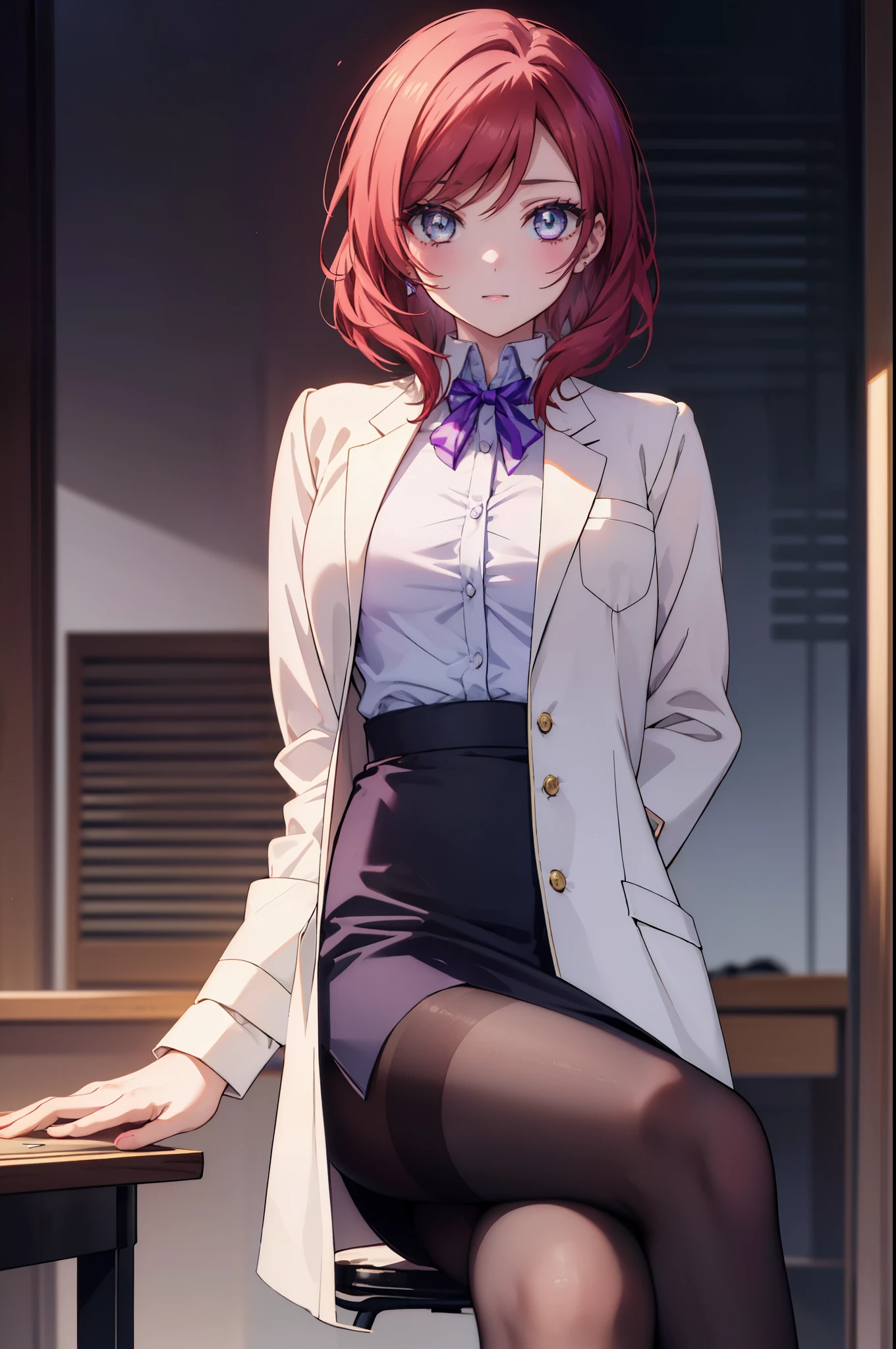 makinishikino, Maki Nishikino, short hair, (purple eyes:1.1), redhead,happy smile, smile, open your mouth, amazingly beautiful、((doctor&#39;s white coat)), collared shirt、doctor style)), ,(( silk blouse、black pencil skirt、 black pantyhose))、stiletto heels,sitting in a chair with legs crossed,There is a chart on the table,白を基調としたExamination room,So that the whole body goes into the illustration,sexy pose,
break indoors, Examination room,
break looking at viewer, (cowboy shot:1.5),
break (masterpiece:1.2), highest quality, High resolution, unity 8k wallpaper, (figure:0.8), (detailed and beautiful eyes:1.6), highly detailed face, perfect lighting, Very detailed CG, (perfect hands, perfect anatomy),