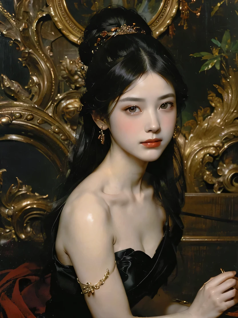 ((masterpiece、highest quality、Super detailed、High resolution、sharp focus、cinematic lighting))、((1 female、middle shot))、long black hair woman、exquisite features、chignon、Hairpin、red chinese style dress、((renaissance classic oil painting style))、((view audience))、Detailed hand depiction、Fechin、oil painting