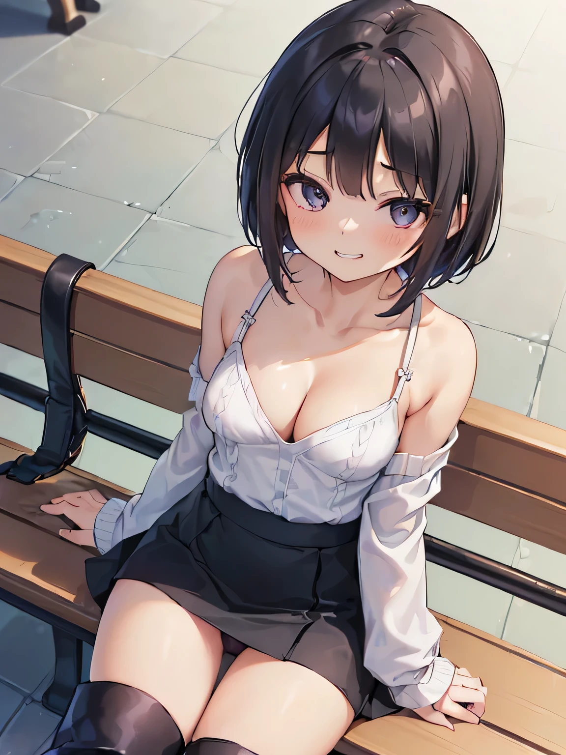 (masterpiece、highest quality、High resolution、realistic pictures、real looking skin:1.1)、
(A woman is sitting on a bench in a shopping mall:1.8)、
(The skirt is so short that you can almost see her .:1.8)、
(looking at her from a slightly higher perspective:1.8)、
(A provocative and grinning expression:1.8)、
(I am wearing a dark blue long-sleeved V-neck knit and a bare top underneath.:1.8)、
(She is wearing a tight black mini skirt.:1.8)、
(I am wearing black middle boots.:1.8)、
(The pantiesrple and have a pattern on them.:1.5)、
(Bra and panties are alcluded:1.5)、
(brown short hair:1.5)、
(small face:1.5)、
(she is 22 years old:1.5)、
(Her breasts are D cup, son see her cleavage from the V neck.:1. place is a bench in a shopping mall.:1.5)、
1 Japanese girl、solo、full body esbian、beautiful eyes、shining eyes、Shining thighs、NSFW