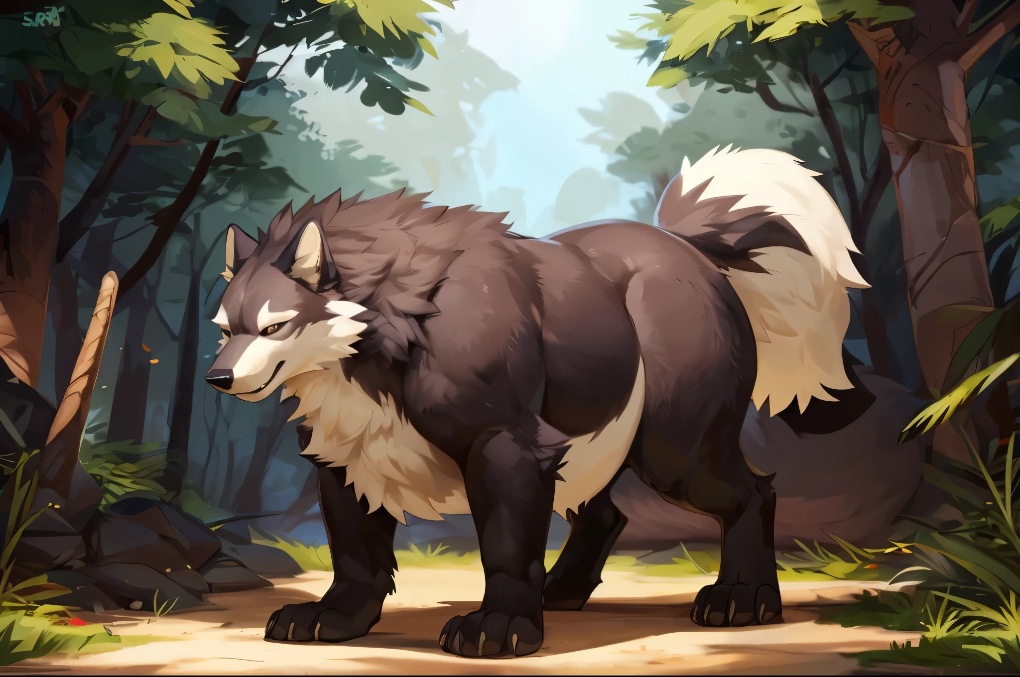 4k ultra quality, 4k full body view,(ultra high detailed body),strong wolf,dire wolf, detailed body,by mystikfox61, by glitter trap boy,feral paws, by bebebebebe,by morethreedee, by seibear,(thick thigh),(chubby thigh),thicc thigh,thick legs,chubby legs,thicc legs,massive butt,enomorous thigh,massive thigh,massive legs,thick lower legs,wide legs,(detailed thigh),(wide thigh),fluffy belly,hyper belly,sharp nails,((sfw)),(ultra detailed face),detailed eyes,big tail,fluffy tail,(detailed tail),enomorous tail,bigger tail,huge tail,volumetric light,muscle legs,big paws,(thick paws),fluffy paws,furry paws,enomorous paws,(animal focus), beast,standing,(bigger lower body),strong lower body,(long legs),front view,master works, super fine, 4k resolution, high quality,high picture detail,dark fantasy,illusory engine, Masterpiece,feral body,muscular feral,faint lighting,feral belly,shiny fur
