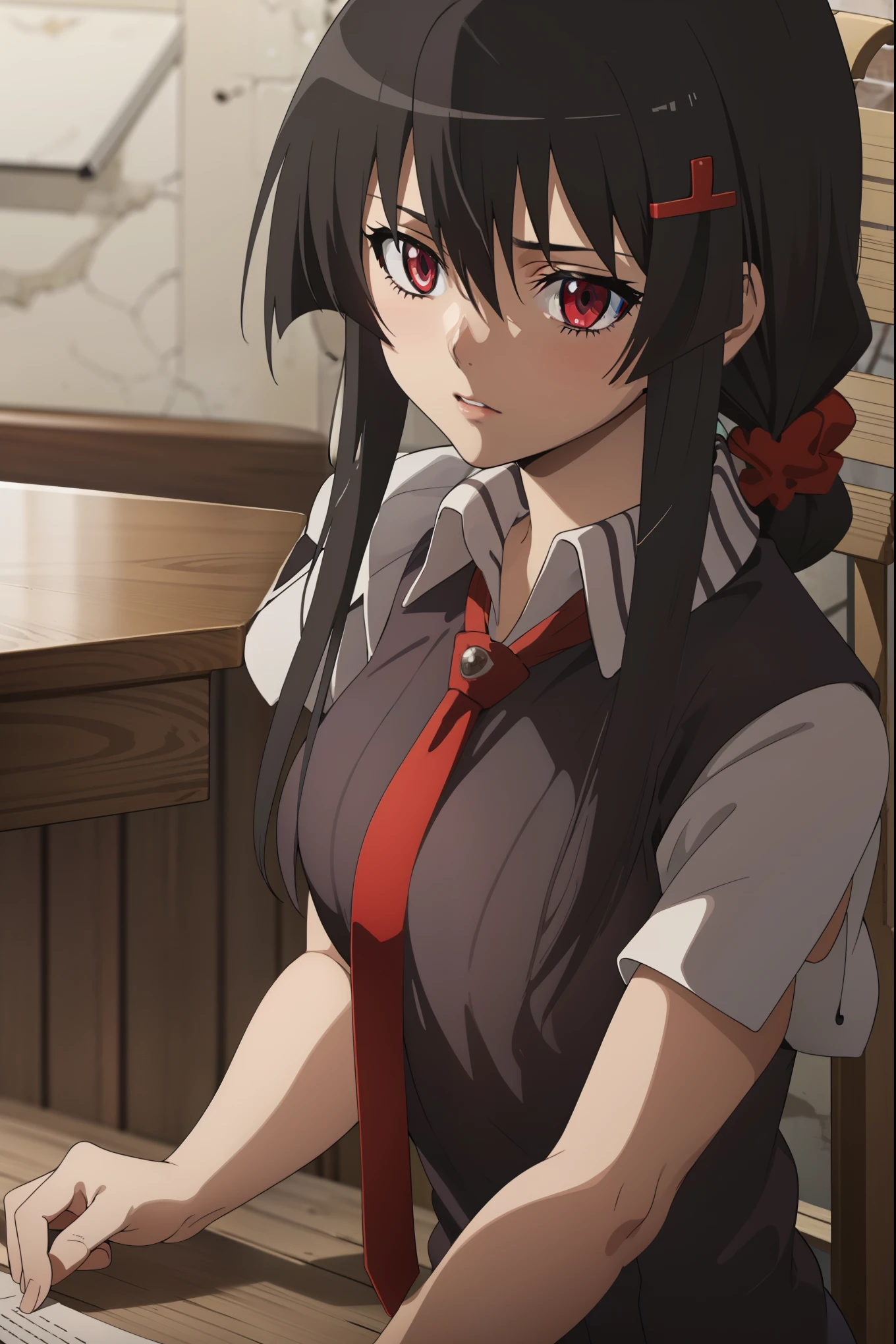 score_8_up, score_7_up, source_anime, Akame, 1girl, solo, black hair, long hair, (glowing red eyes:1.2),
BREAK (brown vest, shirt, hair ornament, , white shirt, ponytail, short sleeves, necktie, scrunchie, red necktie, hair scrunchie:1.2),
BREAK sitting,
BREAK (masterpiece:1.2), best quality, high resolution, unity 8k wallpaper, (illustration:0.8), (beautiful detailed eyes:1.6), extremely detailed face, perfect lighting, extremely detailed CG, (perfect hands, perfect anatomy),perfect face,