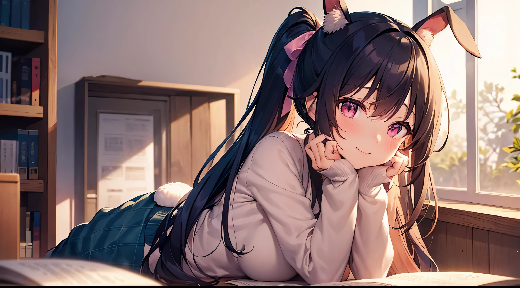 Nsfw、nude、beautiful illustrations, highest quality, pretty girl, pastel colour, fluffy rabbit ears, pink long hair,Pale pink eyes,short ponytail、Ahoge、hair ribbon、Half-read book、pile of books、bookshelf、smile、close your mouth、white knit sweater、bedroom background、On the windowsill of a residential area at night、focus on face、expressive、bright face、Light illuminates the face
